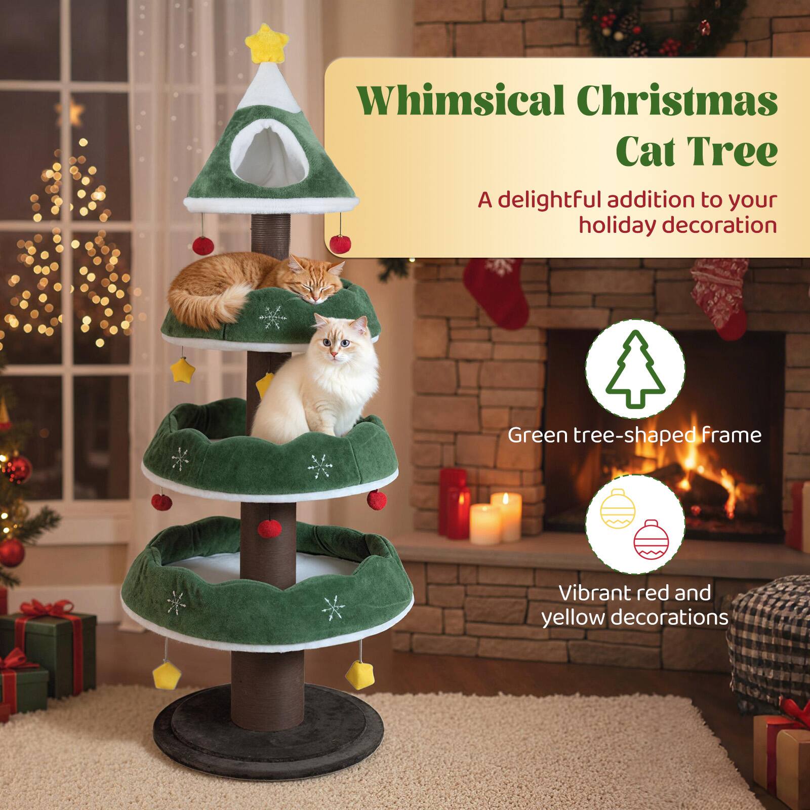 Whimsical Christmas Cat Tree  
A delightful addition to your holiday decoration  
Green tree-shaped frame  
Vibrant red and yellow decorations