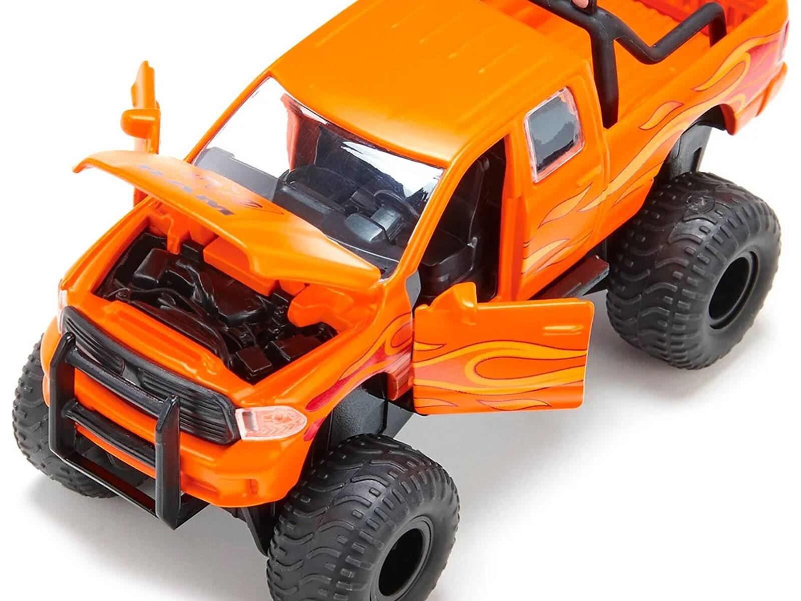 Alt View 1. SIKU - Ram 1500 Pickup Truck Lifted with Balloon Tires Orange with Flames 1/50 Diecast Model by Siku - Orange.