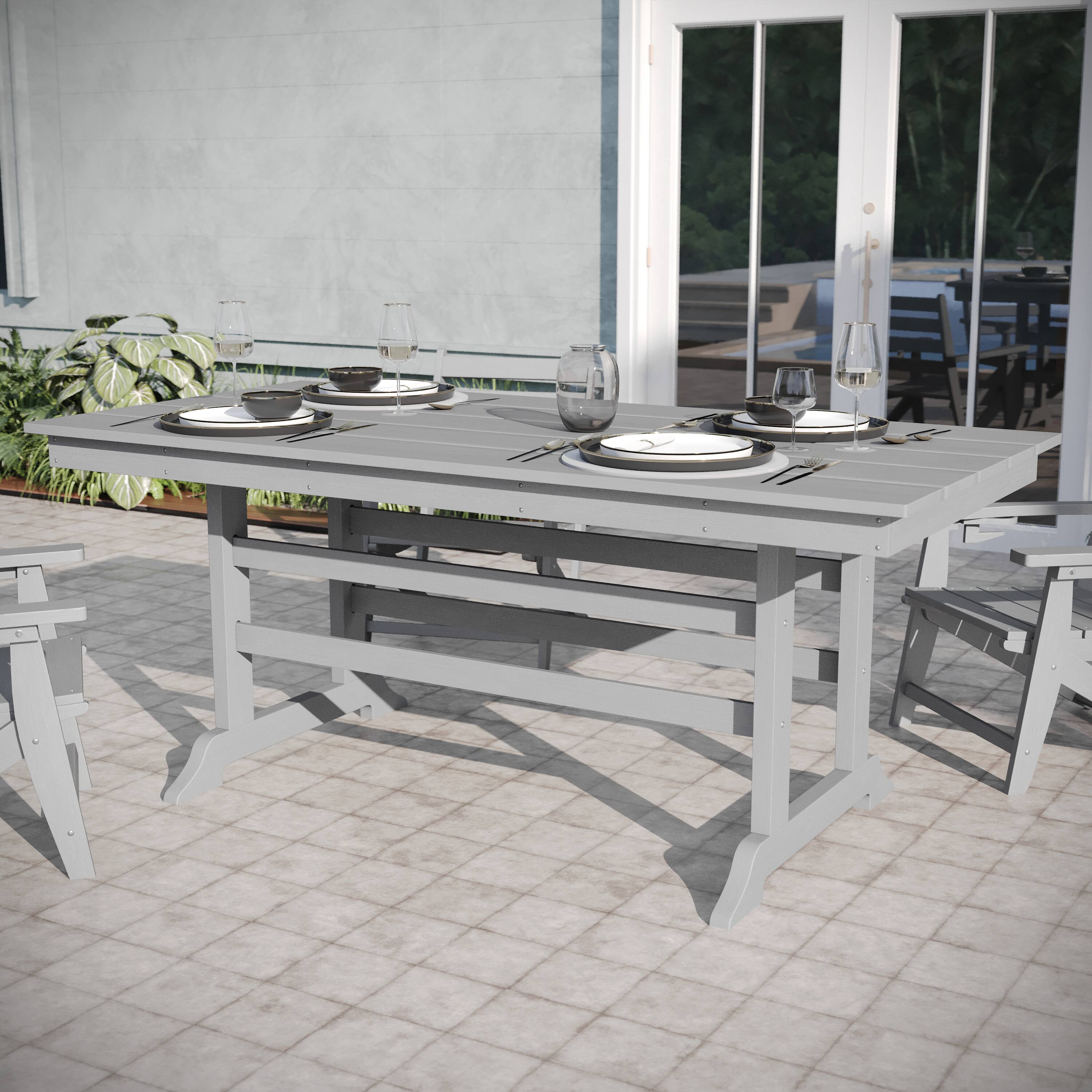 Alt View 2. Emma + Oliver - Arcata 7 PC Adirondack Dining Set with 72" Rectangle Indoor/Outdoor Recycled HDPE Table and 6 Chairs with Cupholders - Gray.