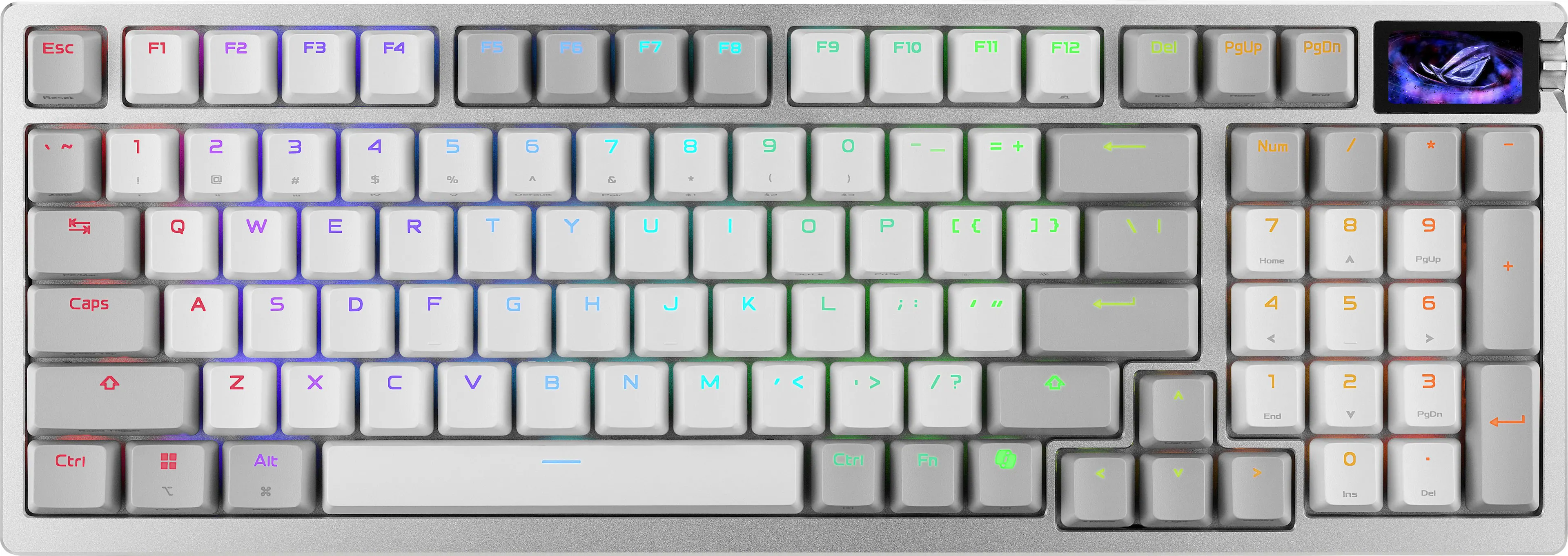 Sure, here is the corrected and grouped text based on the image:

**Top Row:**
- Esc
- F1
- F2
- F3
- F4
- F5
- F6
- F7
- F8
- F9
- F10
- F11
- F12
- Del
- PgUp
- PgDn

**Second Row:**
- ` ~ 1 ! 2 @ 3 # 4 $ 5 % 6 ^ 7 & 8 * 9 ( 0 ) - _ + = [ { ] } | : ; " ' < , > . ? / 

**Third Row:**
- Caps
- Q W E R T Y U I O P [ { ] } | : ; " ' < , > . ? /
- A S D F G H J K L ; : " ' < , > . ? /
- Z X C V B N M , < > ? / 

**Fourth Row:**
- Ctrl
- Fn
- Alt
- Spacebar
- Ctrl
- Fn

**Right Section:**
- Num
- 7 8 9
- 4 5