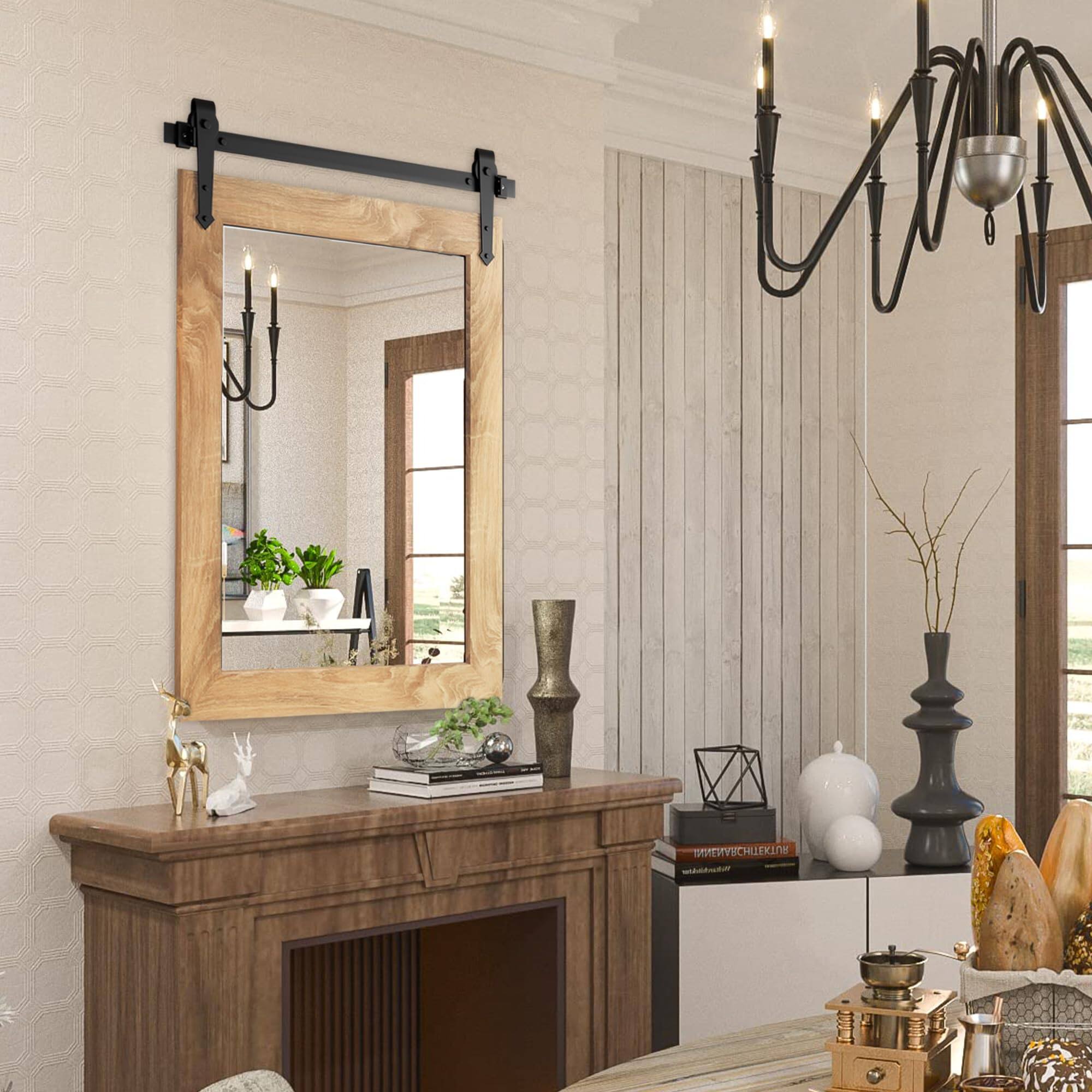 Alt View 5. TECH SAFARI - Farmhouse Barn Door Mirror Rustic Decorative Vanity Mirrors Wall Decor For Bathroom Living Room Entryway - White 24"L x 18"W.