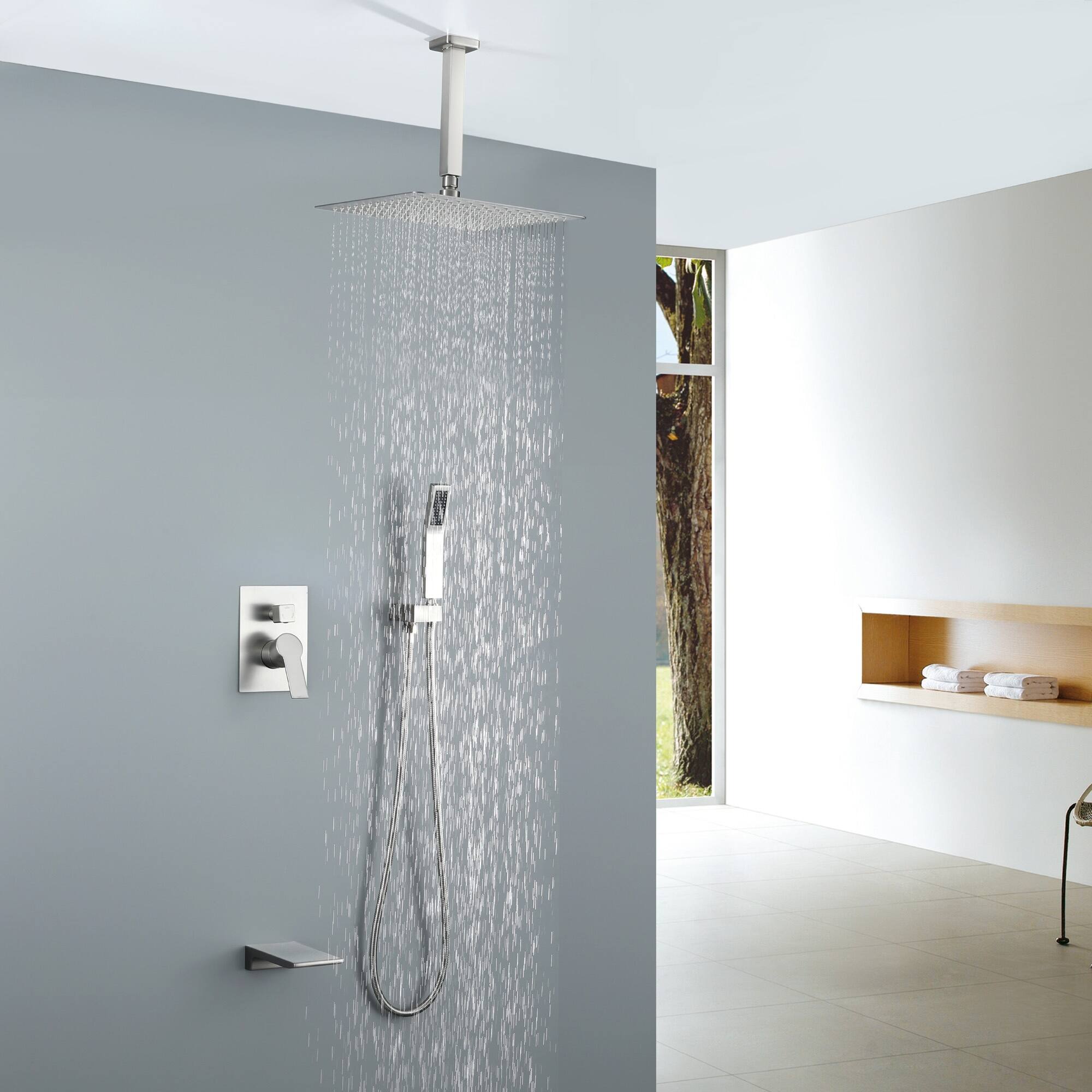 Alt View 2. Boyel Living - Brushed Nickel 12-Inch Rain Shower System Brass SUS304 3-Function Valve Waterfall Spout cUPC - Brushed Nickel.