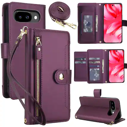 Front. Dteck - Zipper Wallet Case for Google Pixel 9a,Detachable Crossbody Flip Faux Leather Card Slots Kickstand Cover+Lanyard - Darkpurple.