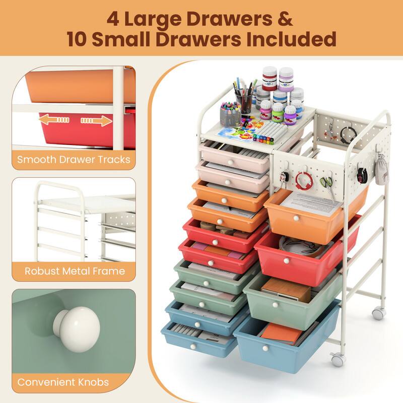 4 Large Drawers & 10 Small Drawers Included  
Smooth Drawer Tracks  
Robust Metal Frame  
Convenient Knobs