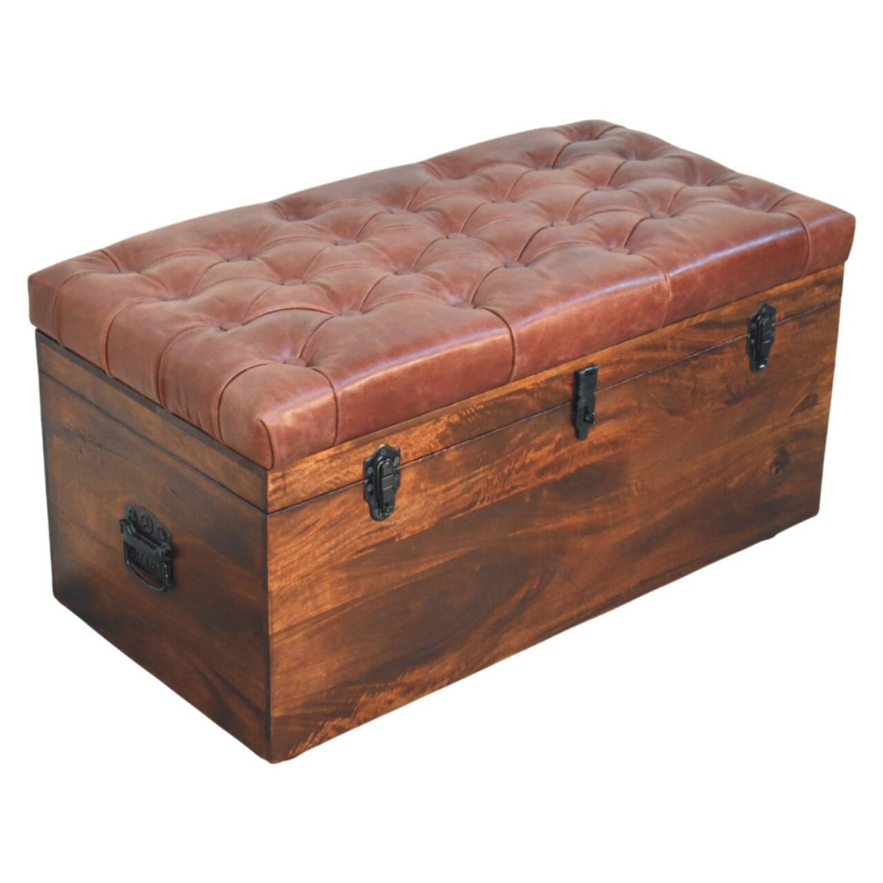 Alt View 2. Artisan Furniture - Artisan Furniture Solid Wood Brown Buffalo hide leather Storage Trunk, Upholstered, Dark Brown - Dark Brown.