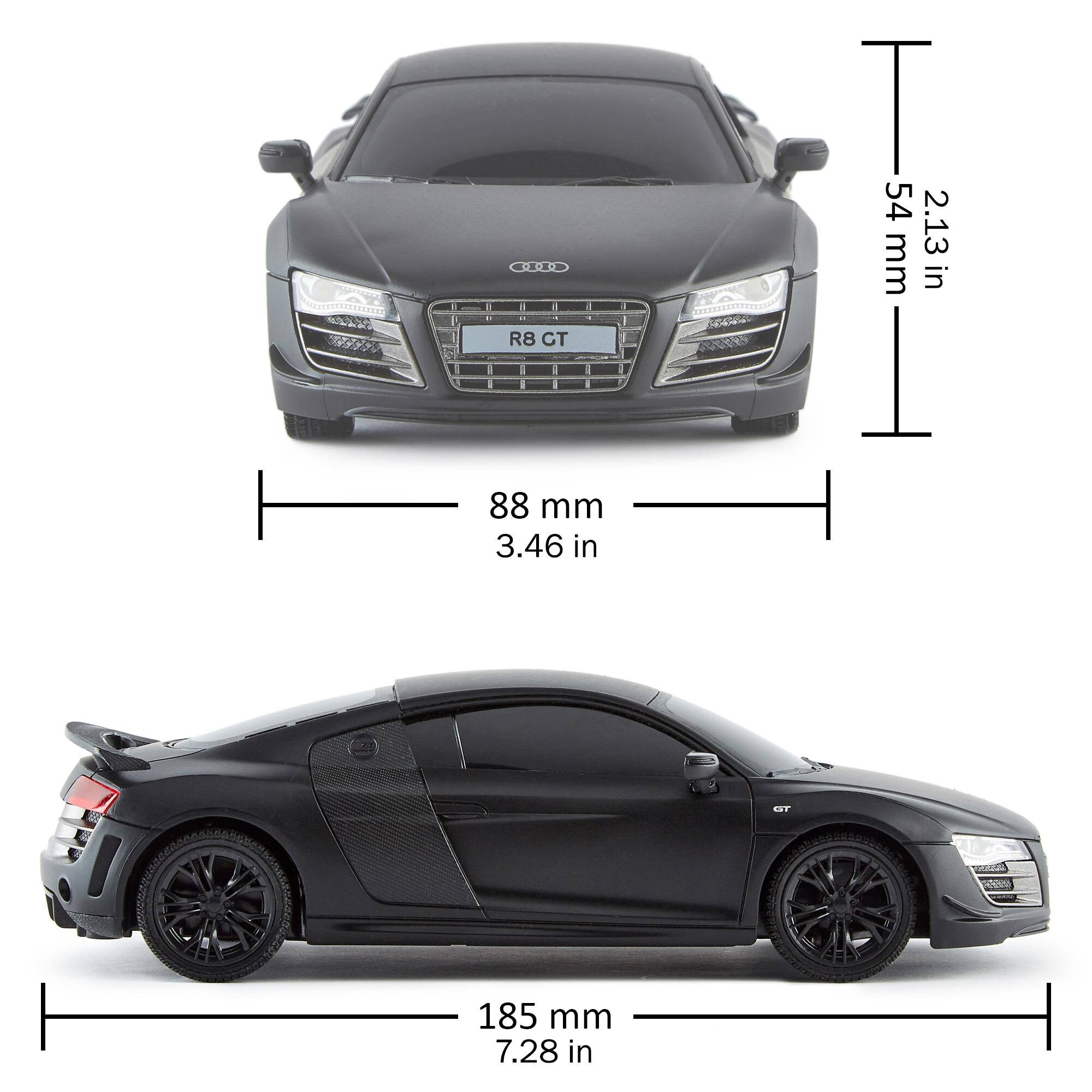 A black car with the text "R8 CT" on the front is shown in two different sizes. The first size is 88 mm, which is 3.46 inches, and the second size is 185 mm, which is 7.28 inches.