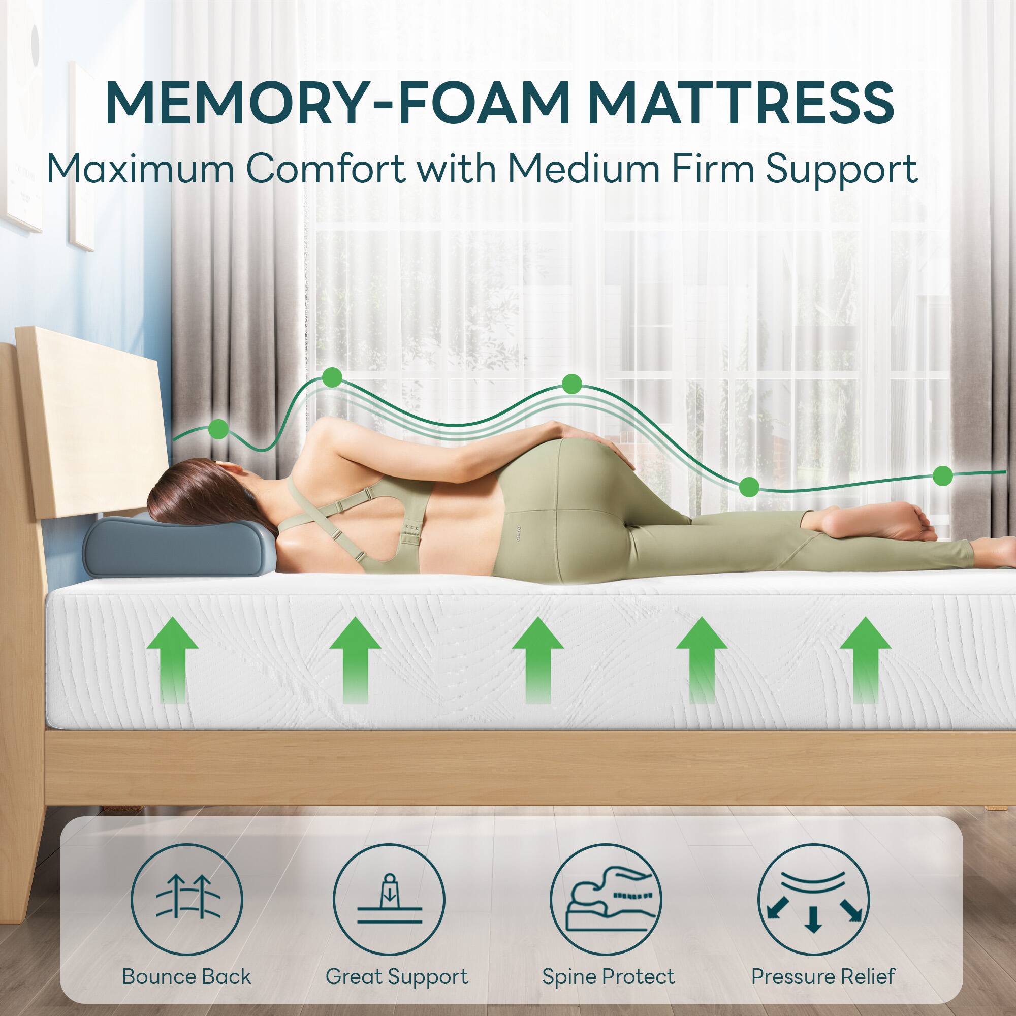MEMORY-FOAM MATTRESS  
Maximum Comfort with Medium Firm Support  

- Bounce Back  
- Great Support  
- Spine Protect  
- Pressure Relief