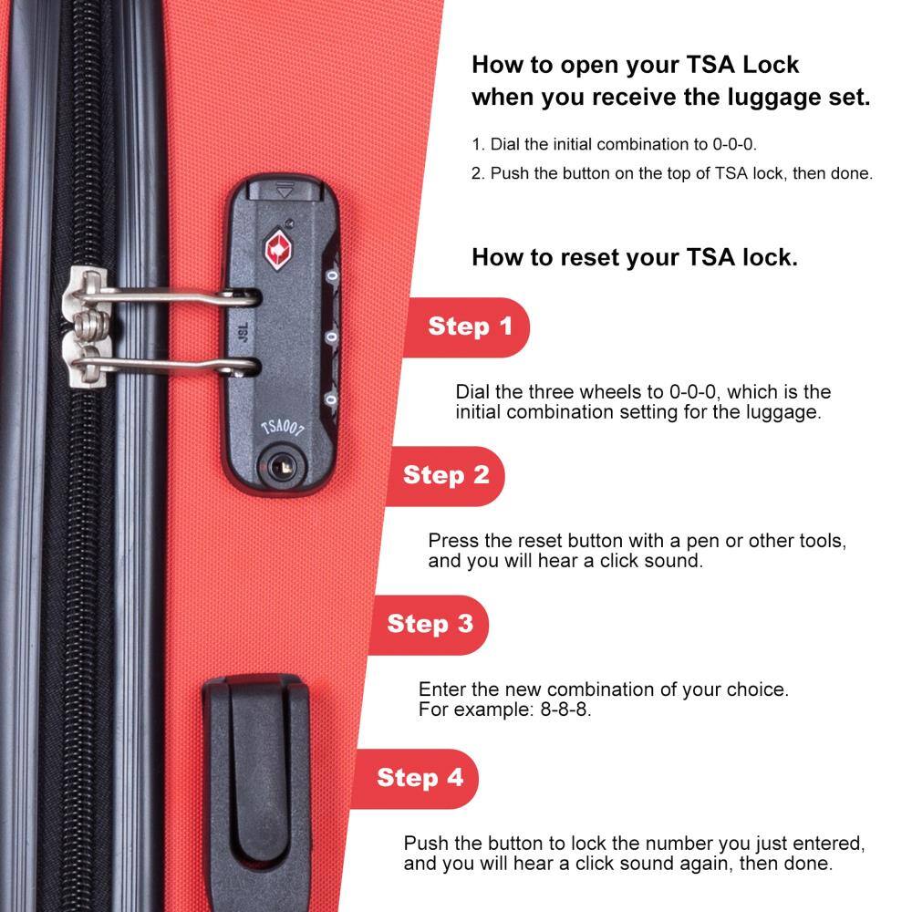How to open your TSA Lock when you receive the luggage set.

1. Dial the initial combination to 0-0-0.
2. Push the button on the top of TSA lock, then done.

How to reset your TSA lock.

Step 1
Dial the three wheels to 0-0-0, which is the initial combination setting for the luggage.

Step 2
Press the reset button with a pen or other tools, and you will hear a click sound.

Step 3
Enter the new combination of your choice. For example: 8-8-8.

Step 4
Push the button to lock the number you just entered, and you will hear a click sound again, then done.