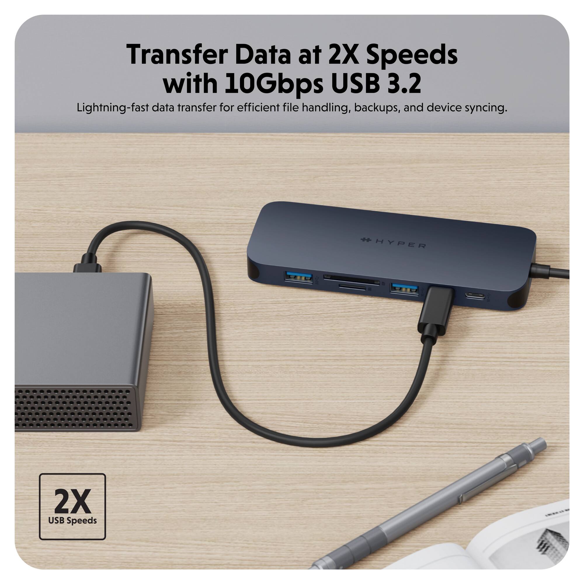 Transfer Data at 2X Speeds with 10Gbps USB 3.2. Lightning-fast data transfer for efficient file handling, backups, and device syncing. HYPER 2X USB Speeds.