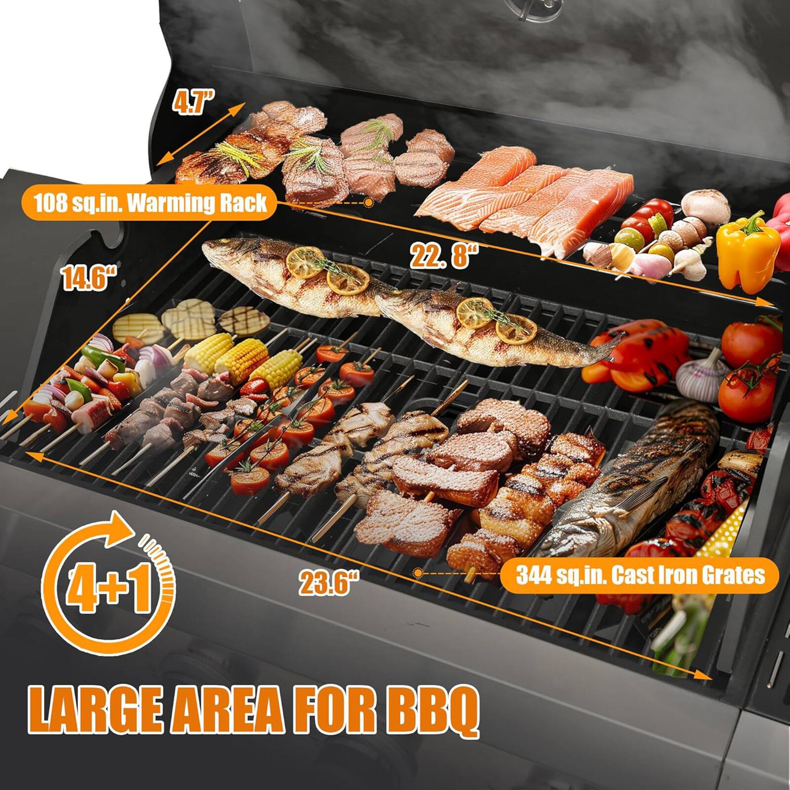 4.7"  
108 sq.in. Warming Rack  
14.6"  
22.8"  
4+1  
23.6"  
344 sq.in. Cast Iron Grates  
LARGE AREA FOR BBQ