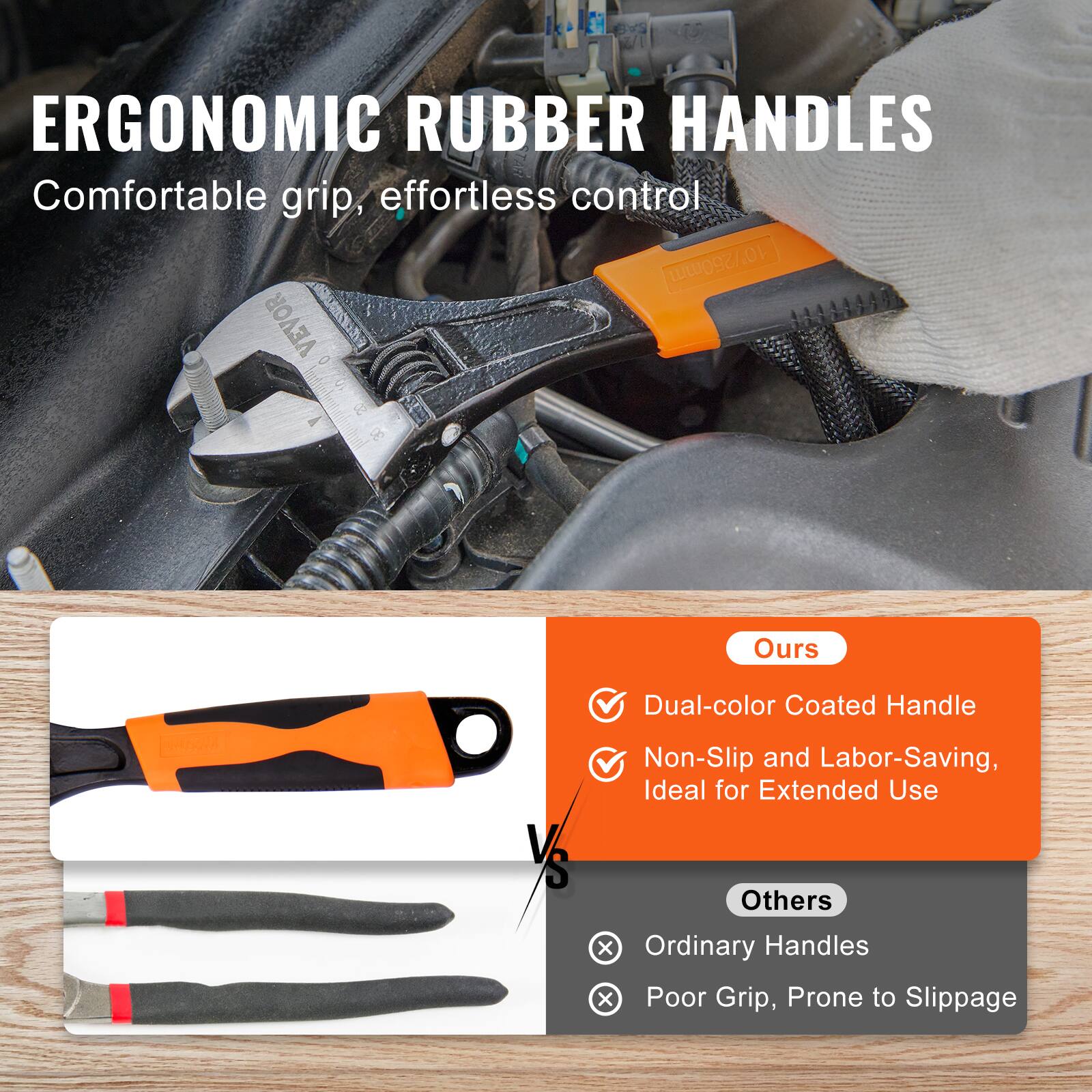 ERGONOMIC RUBBER HANDLES  
Comfortable grip, effortless control  

Ours  
- Dual-color Coated Handle  
- Non-Slip and Labor-Saving, Ideal for Extended Use  

Others  
- Ordinary Handles  
- Poor Grip, Prone to Slippage