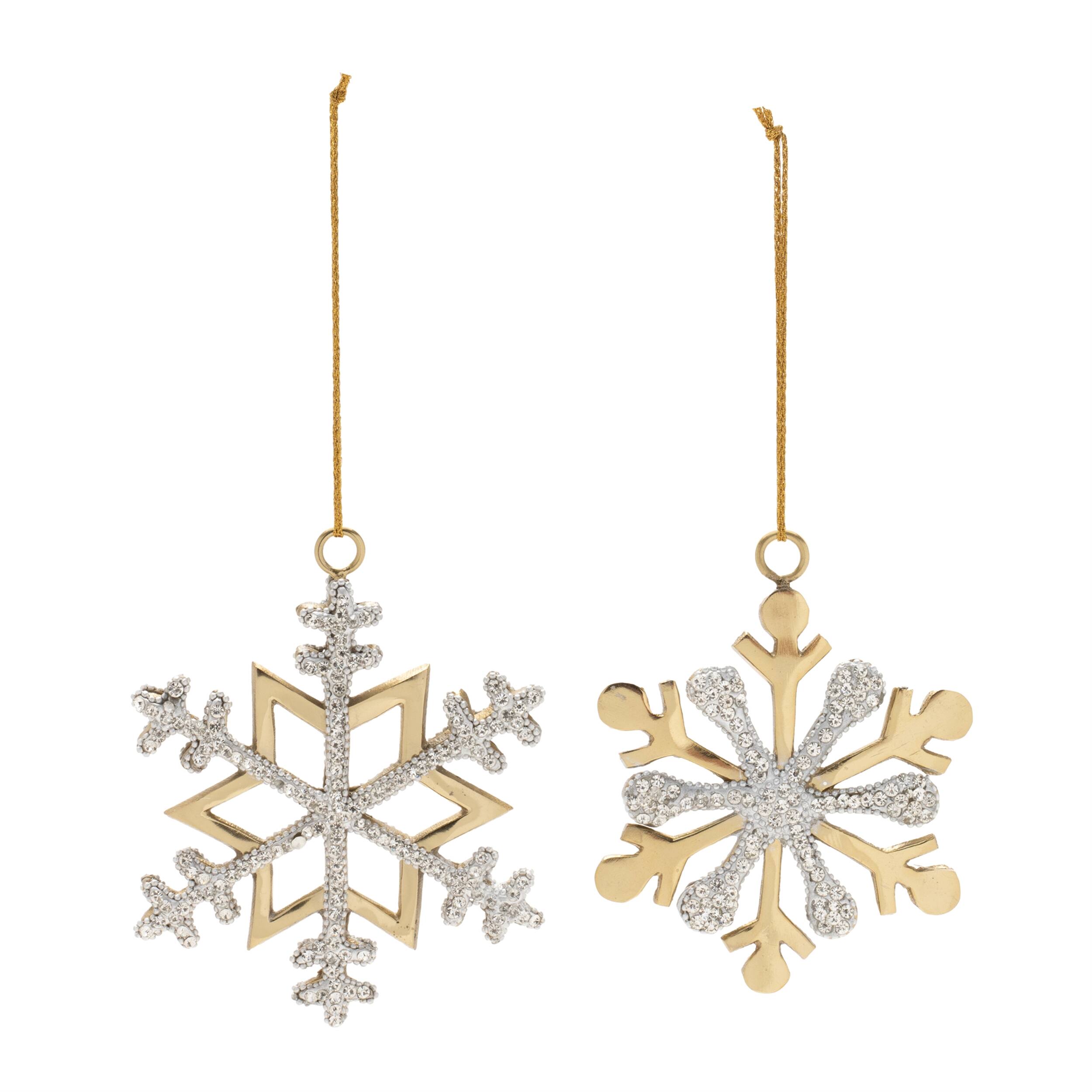 Angle. BreeBe - Jeweled Metal Snowflake Ornament (Set of 2) - Gold, Gray.