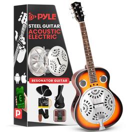 Pyle - Electro Resophonic Acoustic Electric Guitar Set, Full Size Round Neck Resonator with Pre-Amplifier - PGA500BR - Orange Burst