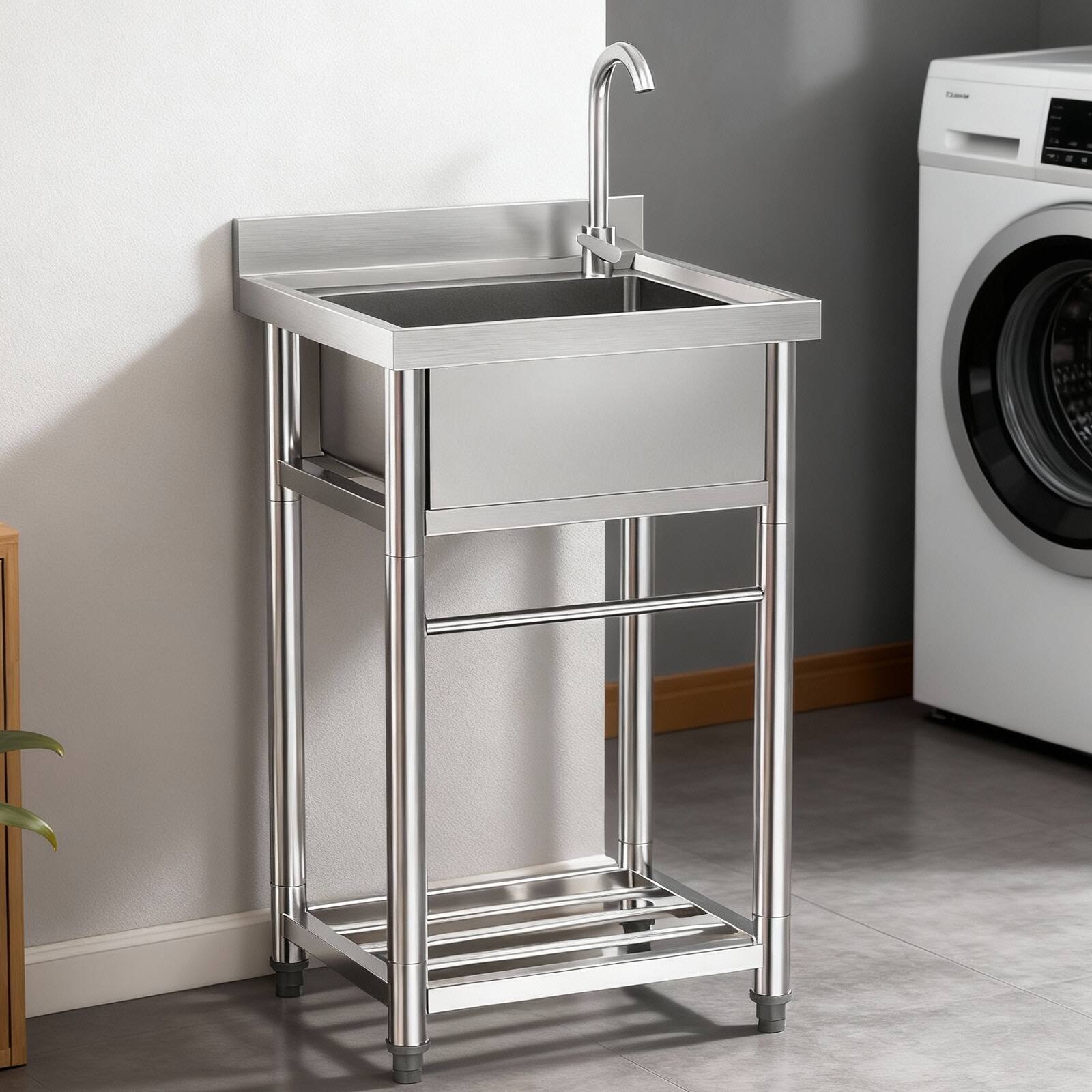 Alt View 3. Winado - Freestanding Single Bowl Utility Sink Stainless Steel Wash Basin with Faucet and Storage Shelf for Restaurant Prep Areas - Silver.