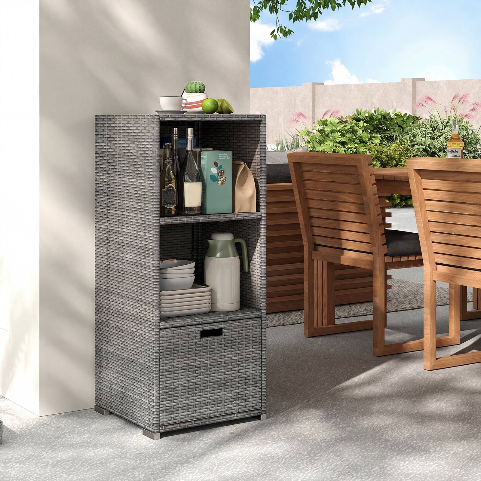 Alt View 3. Costway - Costway Outdoor Storage Cabinet with Storage Shelves Drawer and Rolling Wheels for Porch - Gray.