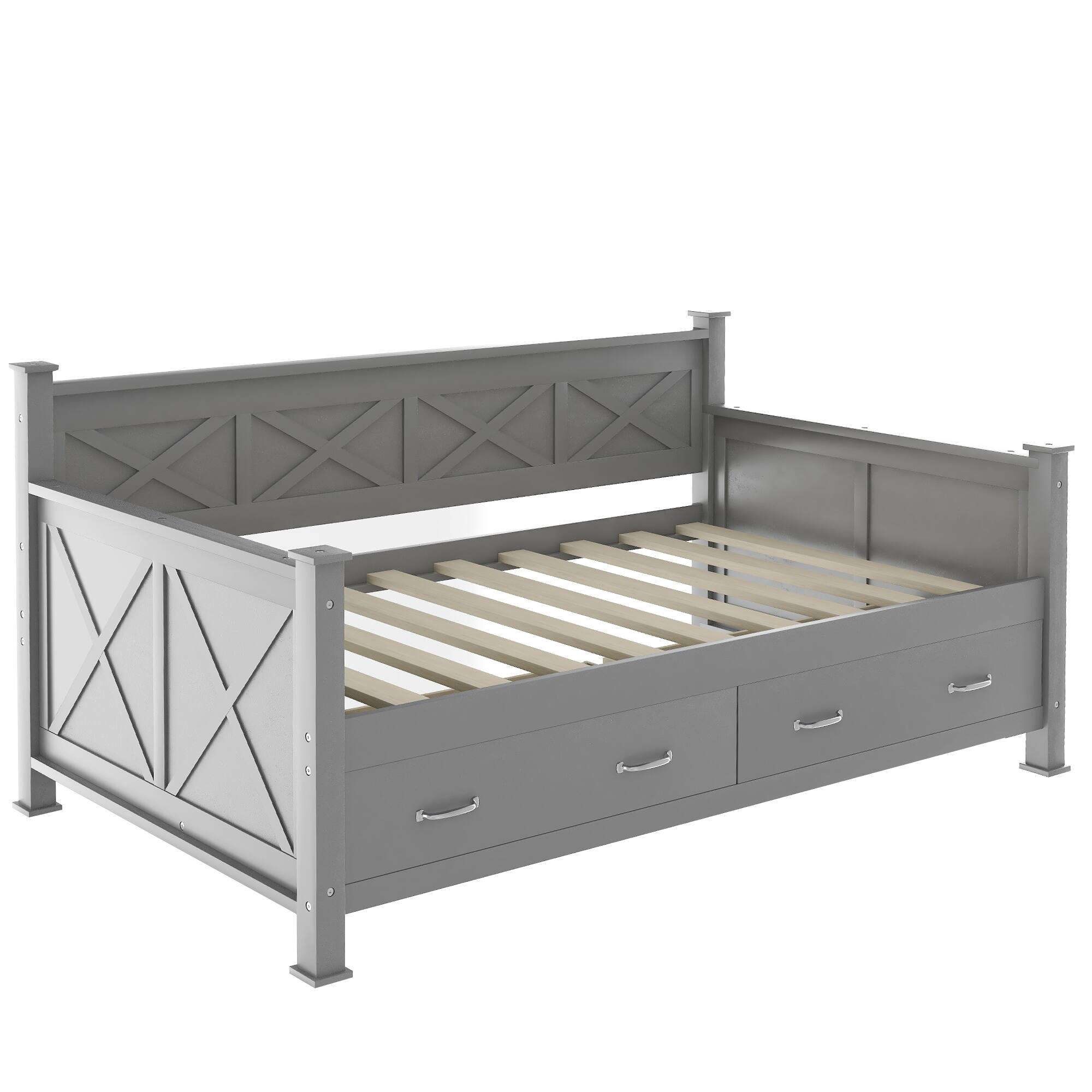 Alt View 1. Tiramisubest - Twin Size Daybed with 2 Large Drawers, X-shaped Frame, Modern and Rustic Casual Style Daybed, Gray - Gray.