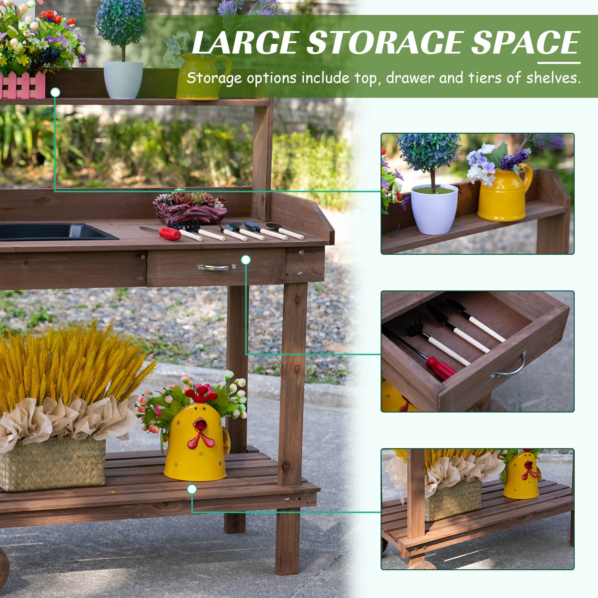 LARGE STORAGE SPACE  
Storage options include top, drawer, and tiers of shelves.