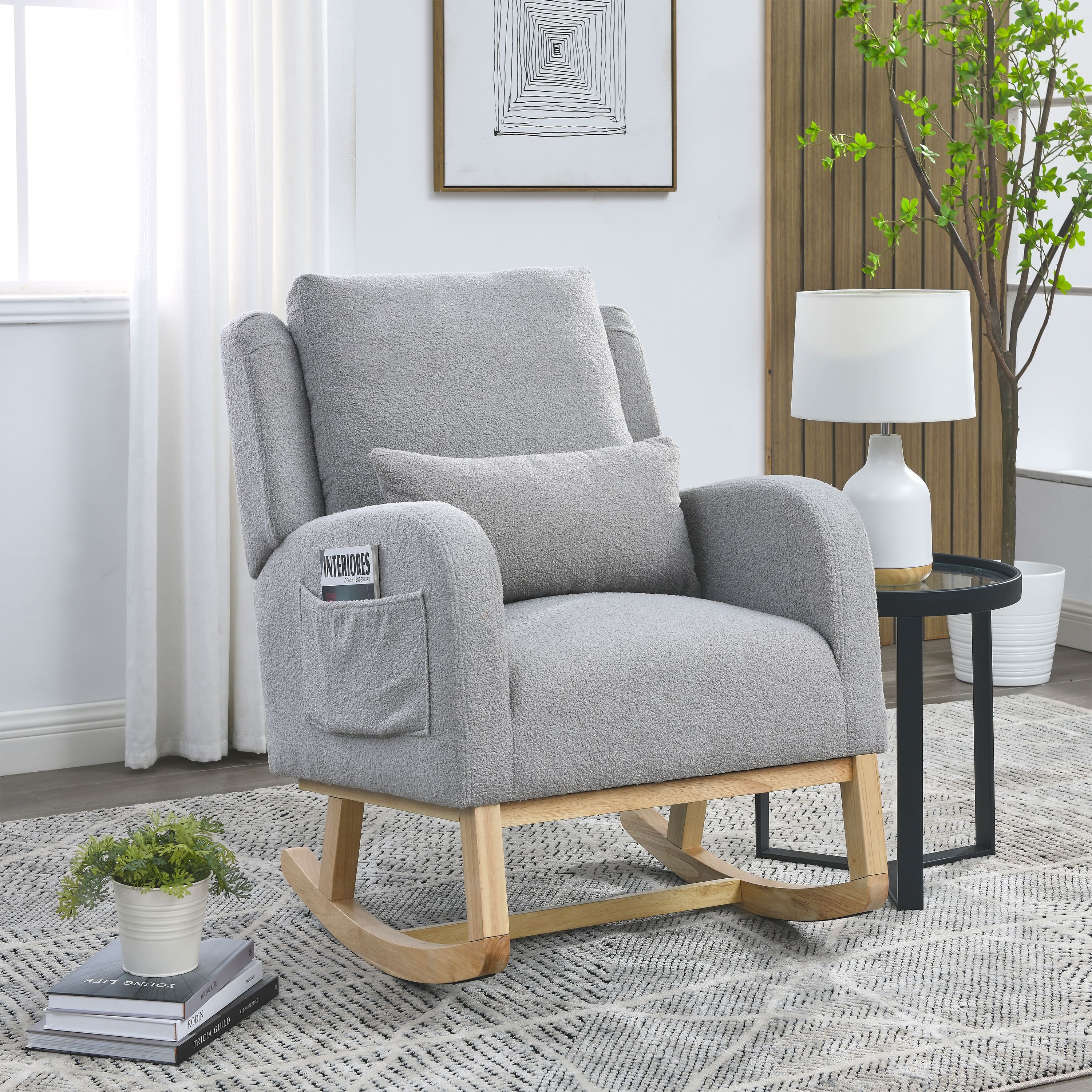 GOODSILO - Modern Accent High Back Living Room Casual Armchair Rocker with Lumbar Pillow & Side Pockets - Gray