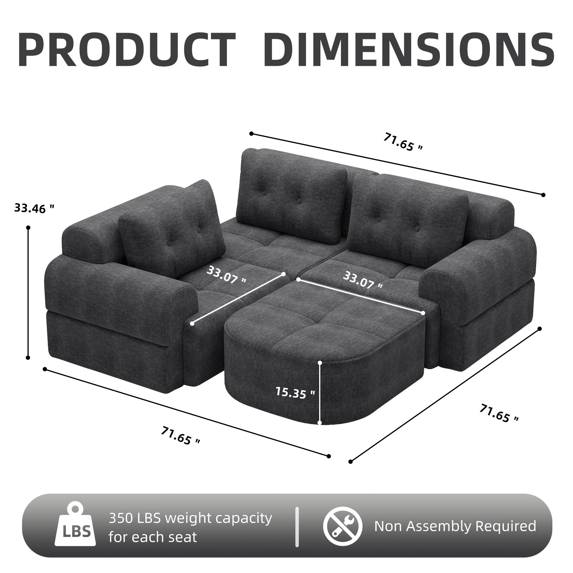 PRODUCT DIMENSIONS  
71.65" x 33.46" x 33.07"  
15.35"  
350 LBS weight capacity for each seat  
Non Assembly Required