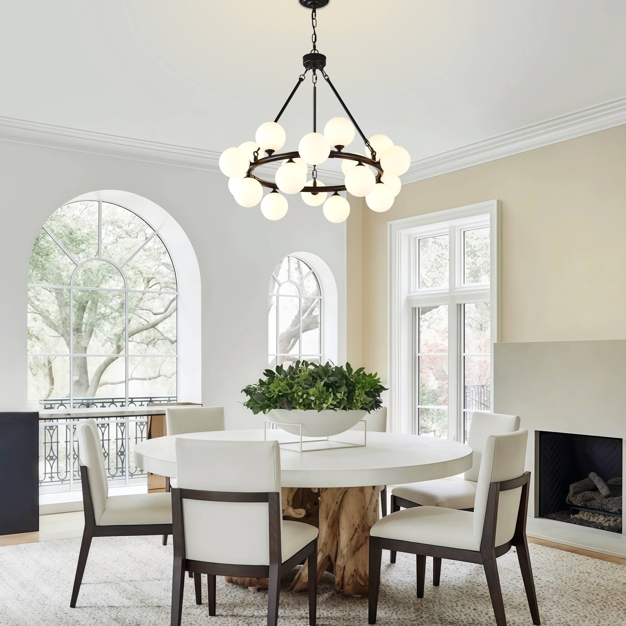 Left. RYHNUYNE - 31.97" Black Wagon Wheel Chandelier with 18 Milky White Glass Globes, Modern Farmhouse Pendant Light for Dining Room.
