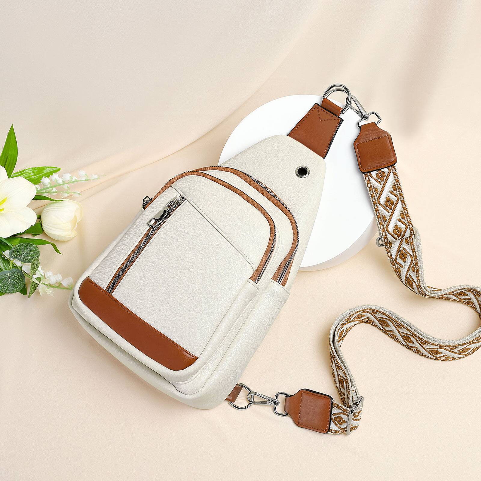 Alt View 5. Unique Bargains - Anti Theft Sling Bag 2 in 1 PU Leather 8.3" Convertible Crossbody Bags Fanny Pack Backpack with 2 Removable Straps - Beige.