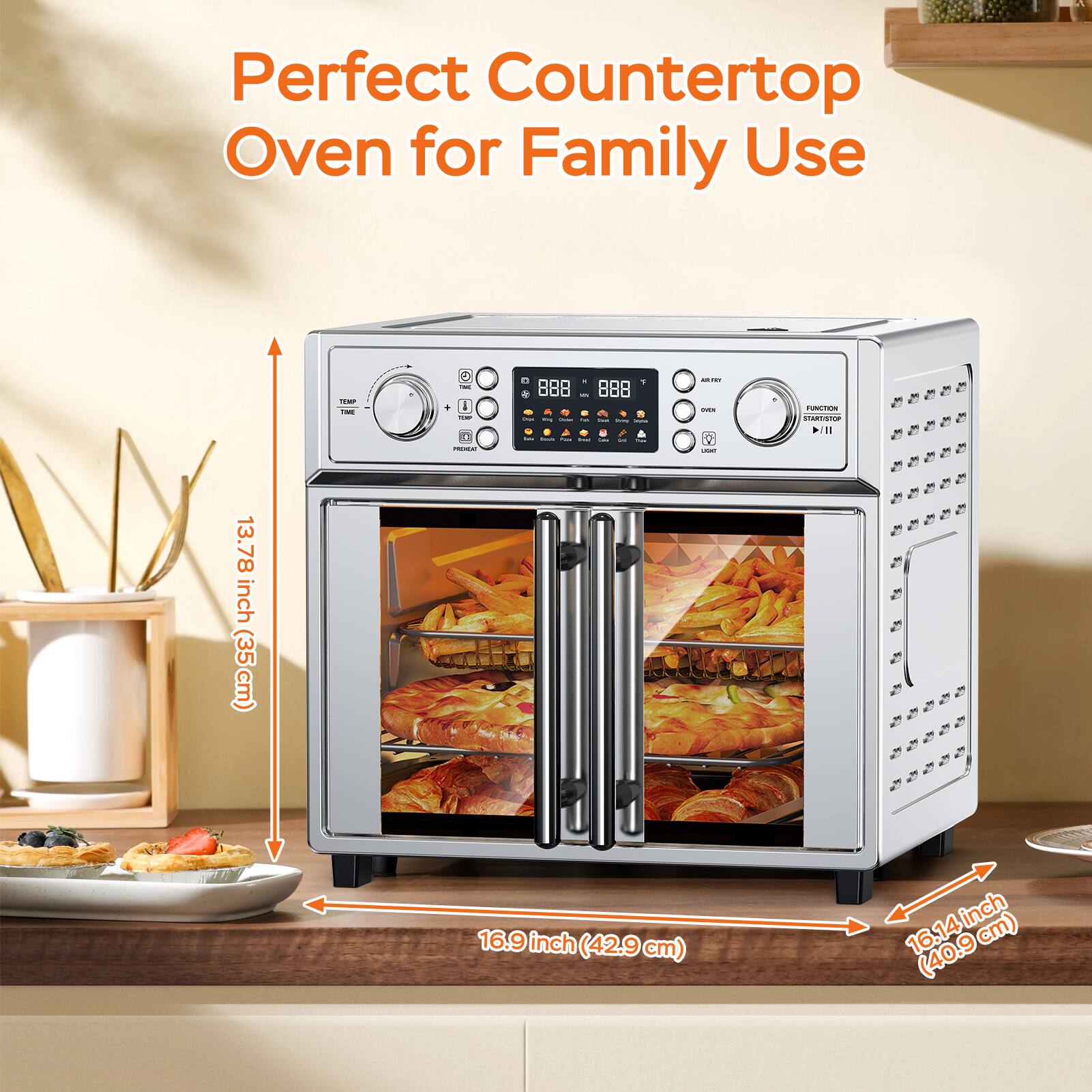 Perfect Countertop Oven for Family Use

- Height: 13.78 inches (35 cm)
- Width: 16.9 inches (42.9 cm)
- Depth: 16.14 inches (40.9 cm)