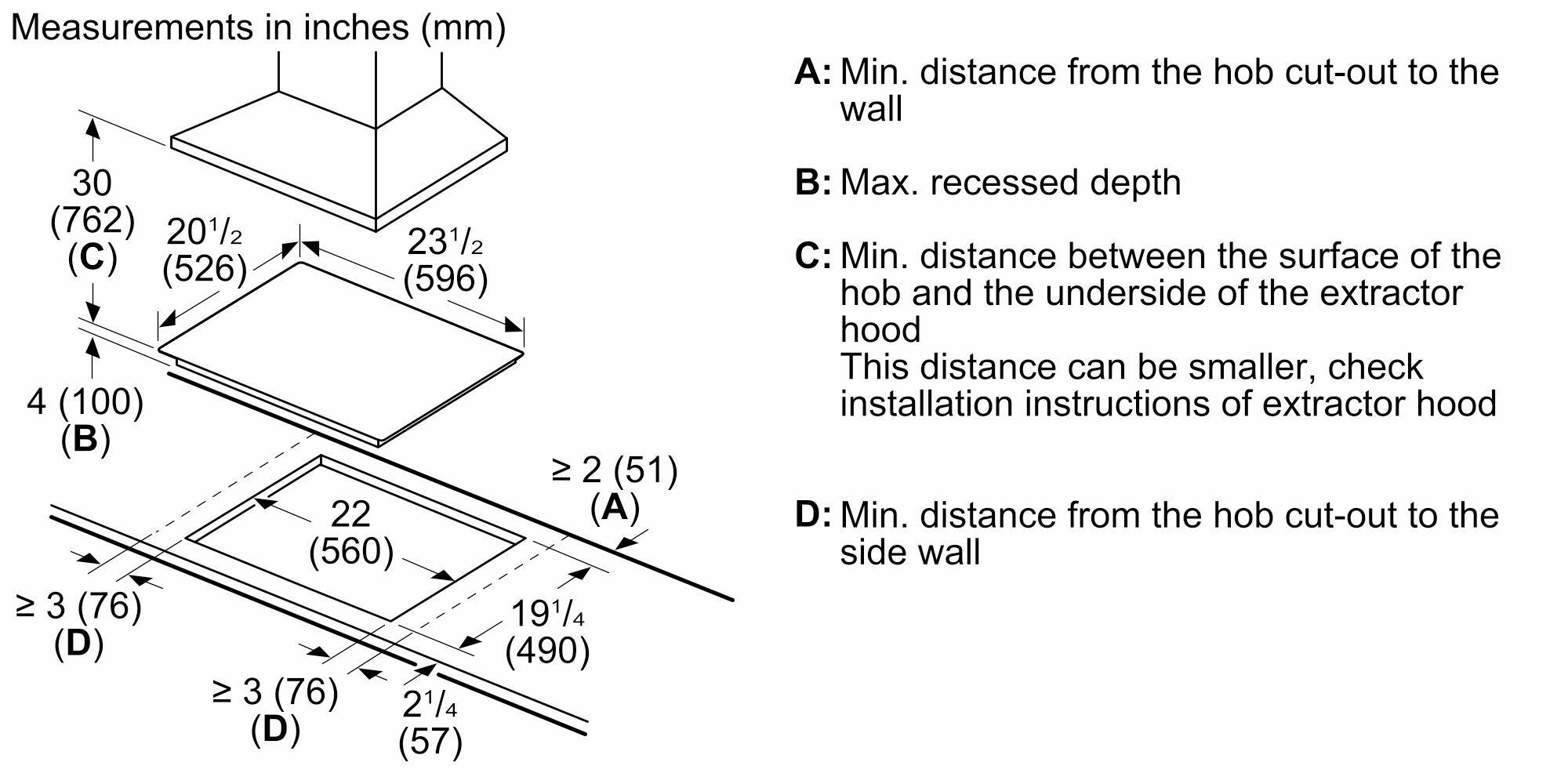 Measurements in inches (mm)

A: Min. distance from the hob cut-out to the wall  
30 (762)  
20½ (526)  
23½ (596)  
C

B: Max. recessed depth  
4 (100)  
B

C: Min. distance between the surface of the hob and the underside of the extractor hood  
This distance can be smaller, check installation instructions of extractor hood  
≥ 2 (51)  
A

D: Min. distance from the hob cut-out to the side wall  
≥ 3 (76)  
D  
19¼ (490)  
2¼ (57)  
D