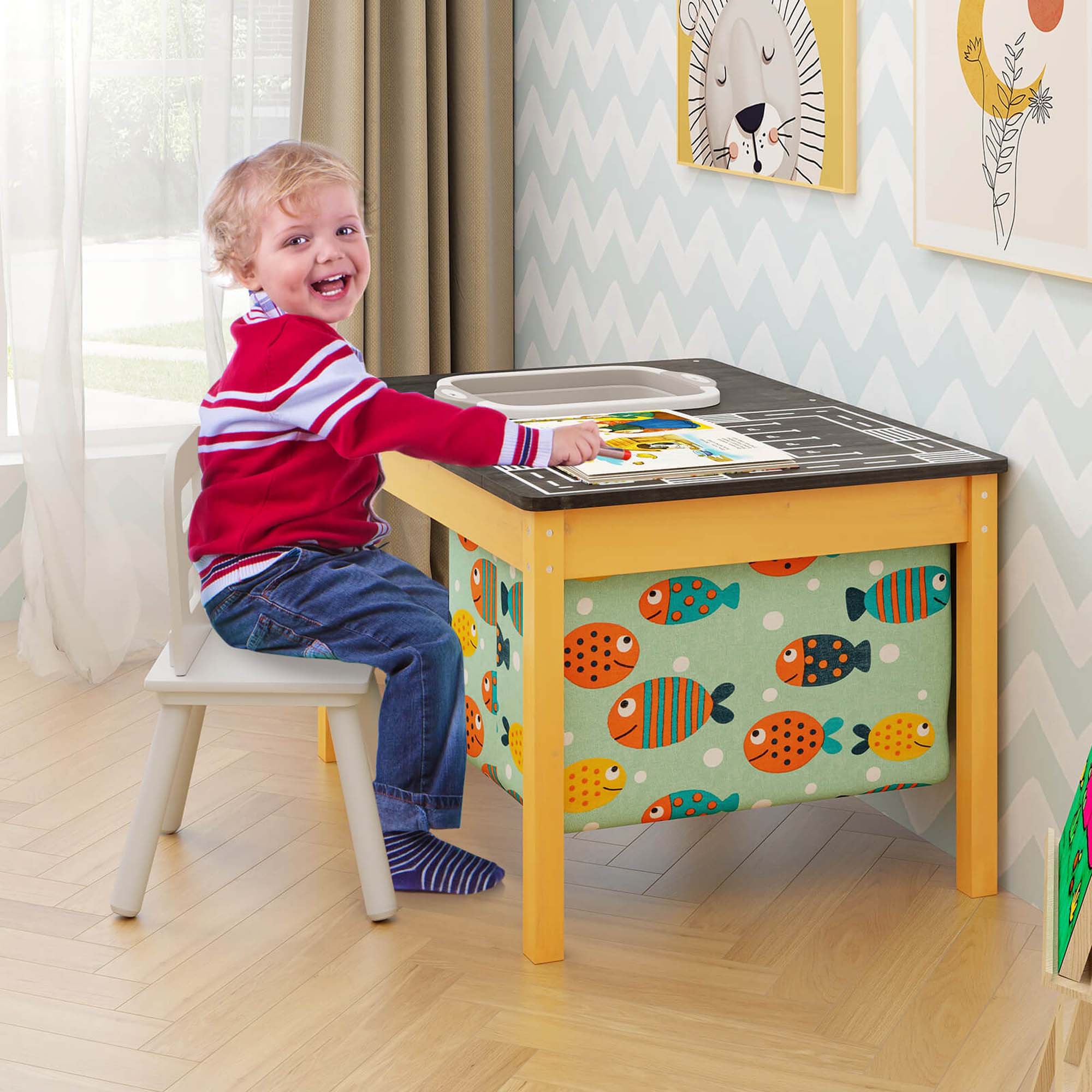 Alt View 3. Costway - Costway 3-in-1 Kids Activity Table with Foldable Water Bin Large Capacity Storage Bag - Natural+Black.