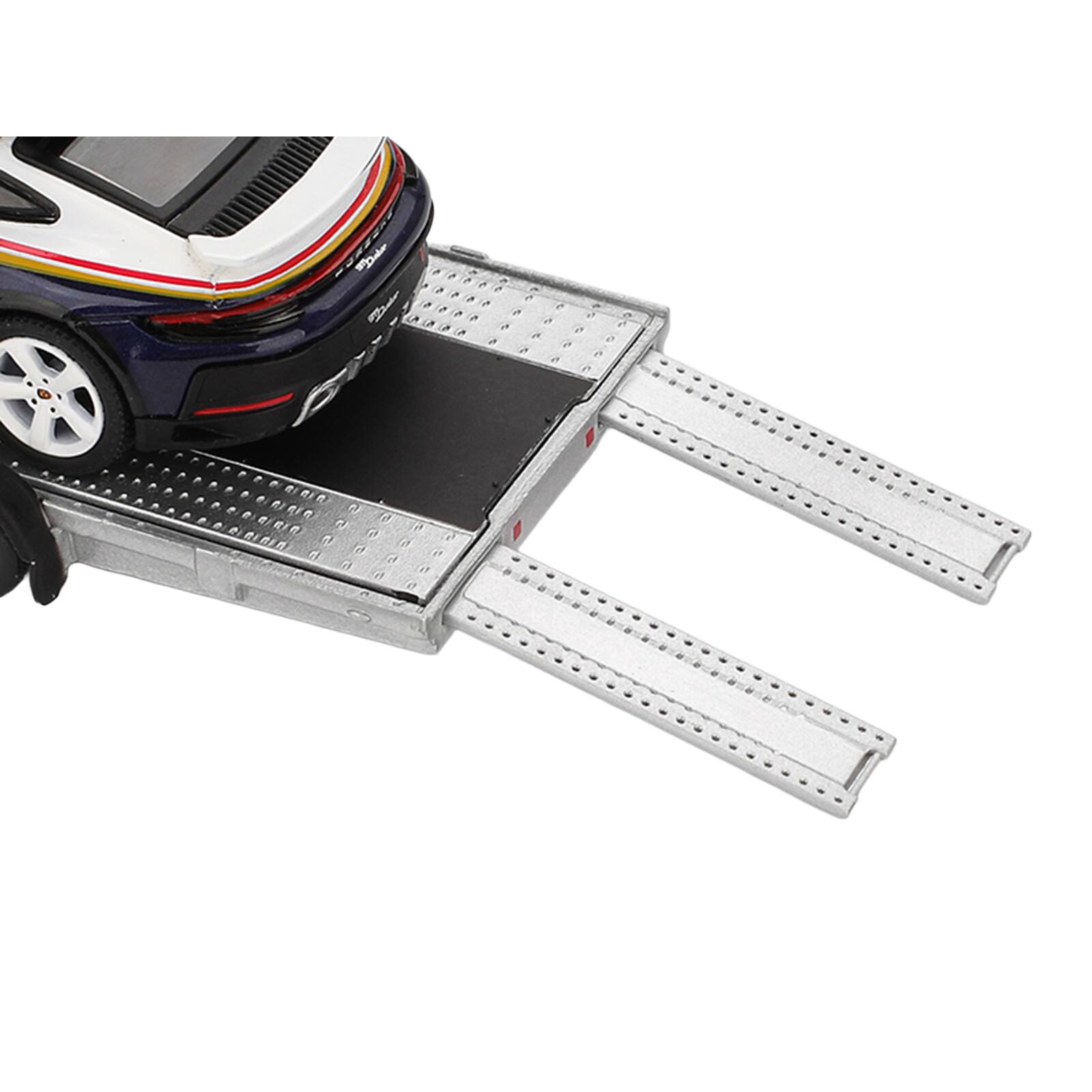 Alt View 4. True Scale Miniatures - Porsche 911 Dakar #718 Blue and White with Rack and Volkswagen ID. Buzz w/Flatbed Trailer Set 1/64 Model Car by Mini GT.