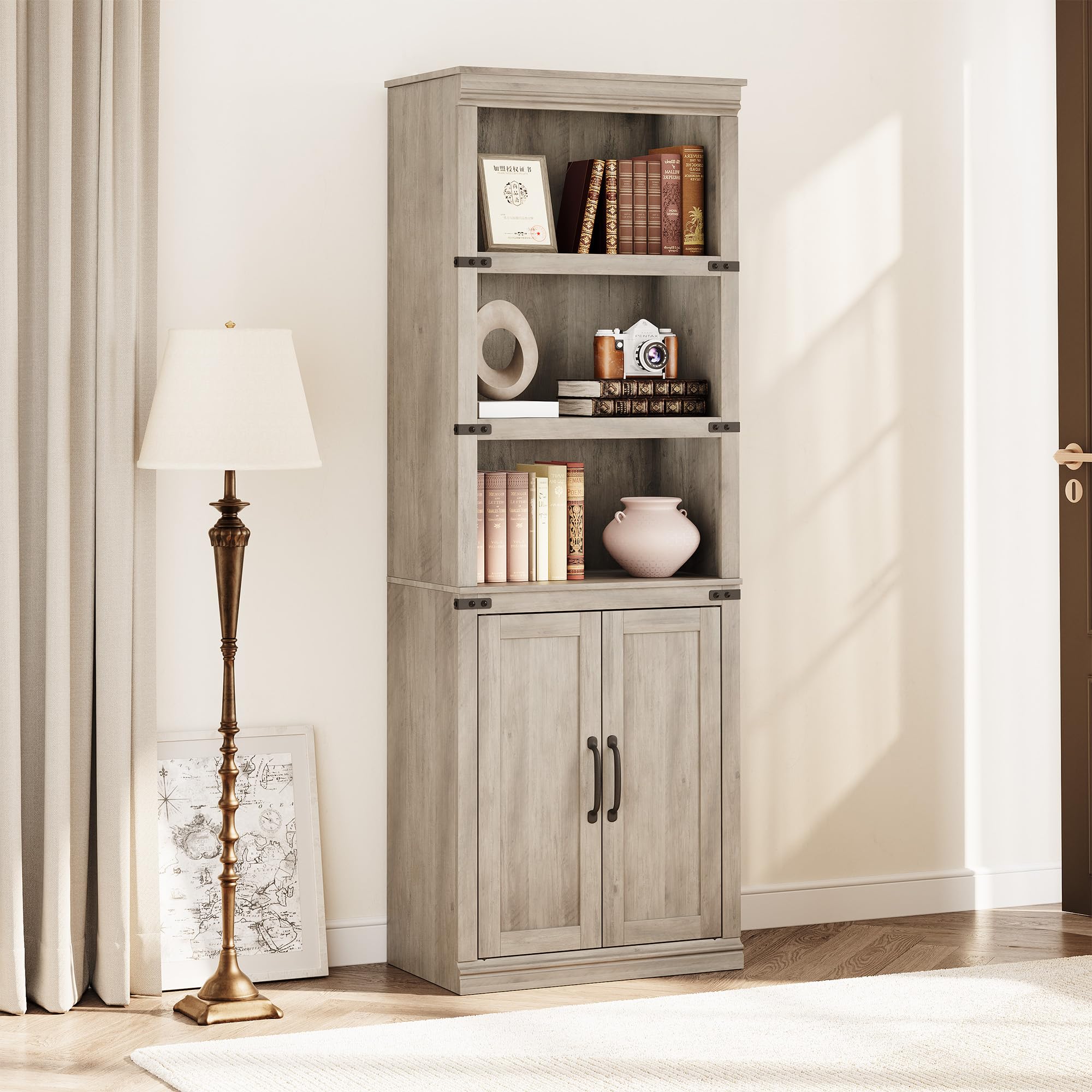 Jojoka - 68.7" Rustic Farmhouse Bookshelf with Doors, 5-Tier Wooden Bookcase with Storage Cabinet - Gray
