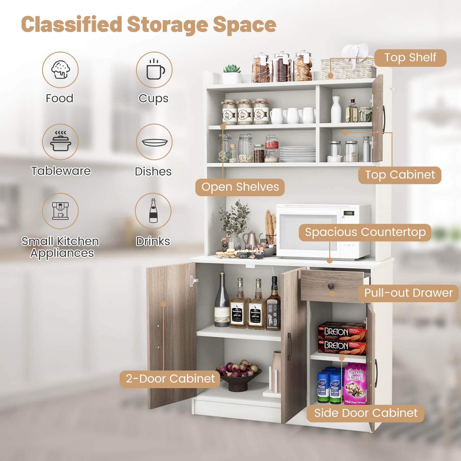 Classified Storage Space:
Top Shelf: Food, Cups, Tableware, Dishes
Open Shelves: Top Cabinet - Small Kitchen Appliances
Drinks: Spacious Countertop
Pull-out Drawer:
2-Door Cabinet:
Side Door Cabinet: