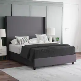 Emma + Oliver - Nora upholstered Platform Bed with Plush Padded Wingback Headboard and Wood Support Slats - No Box Spring Needed - Gray