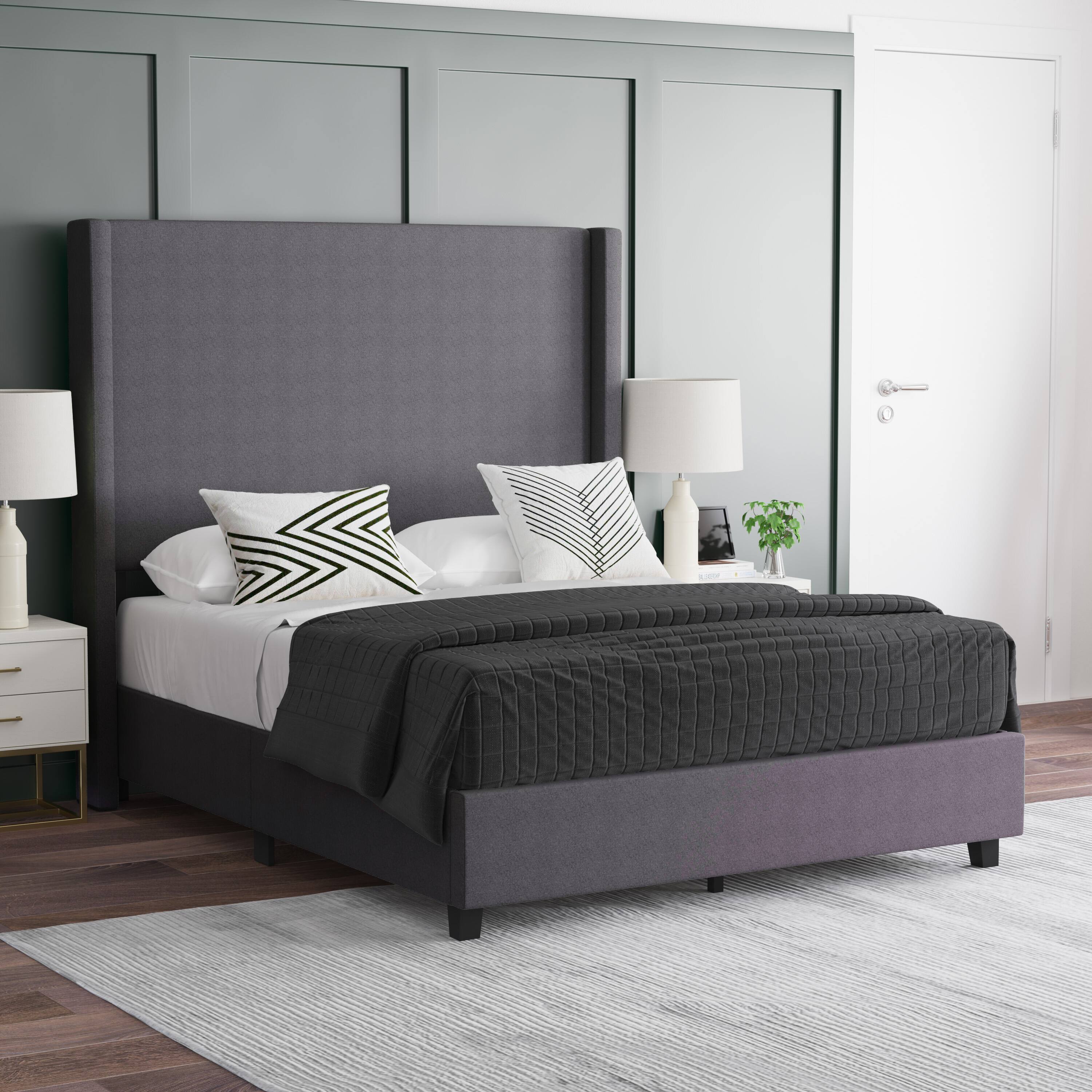 Front. Emma + Oliver - Nora upholstered Platform Bed with Plush Padded Wingback Headboard and Wood Support Slats - No Box Spring Needed - Gray.