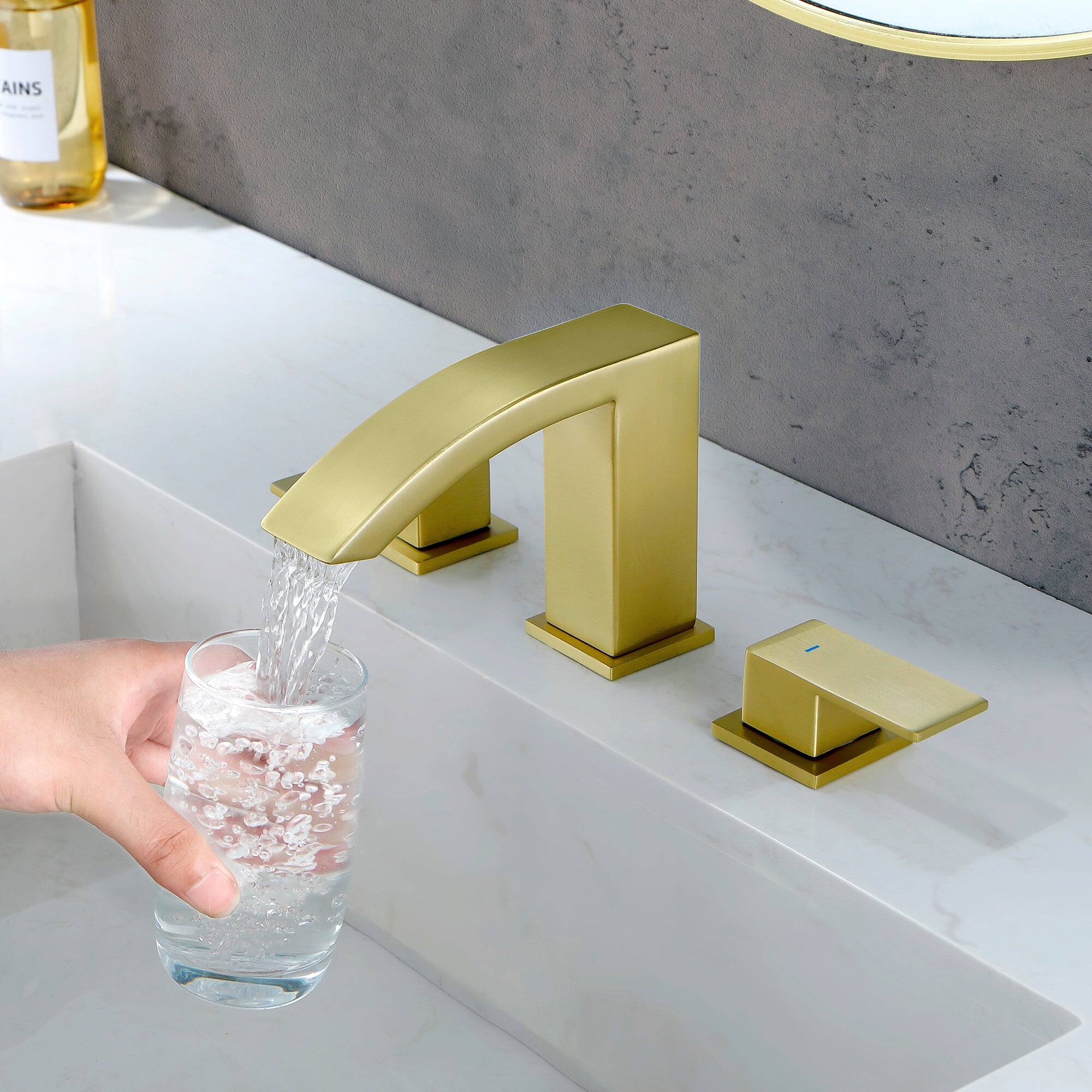 Angle. Boyel Living - 8 in Widespread Double Handle 1.2 GPM Bathroom Faucet with Quick Connect Hose and Pop Up Drain in Brushed Gold - Brushed Gold.