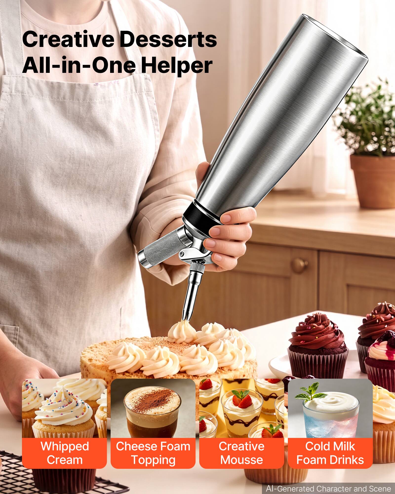 Creative Desserts All-in-One Helper

- Whipped Cream
- Cheese Foam Topping
- Creative Mousse
- Cold Milk Foam Drinks

AI-Generated Character and Scene
