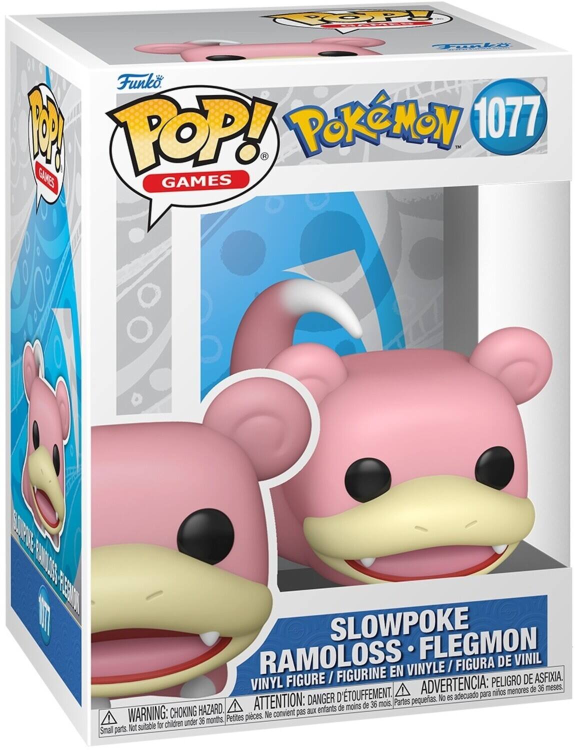 Sure, here is the corrected and grouped text from the image:

---

**Funko POP! GAMES**

**Pokémon 1077**

**SLOWPOKE RAMOLOSS • FLEGMON**

**VINYL FIGURE / FIGURINE EN VINYLE / FIGURA DE VINIL**

**WARNING: CHOKING HAZARD. Small parts. Not suitable for children under 36 months.**

**ATTENTION: DANGER DE TOUFFEMENT. Petites pièces. Ne convient pas aux enfants de moins de 36 mois.**

**ADVERTENCIA: PELIGRO DE ASFIXIA. Partes pequeñas. No es adecuado para niños menores de 36 meses.**

---

This text is organized to reflect the information on the packaging, including the brand, series, character, and safety warnings.