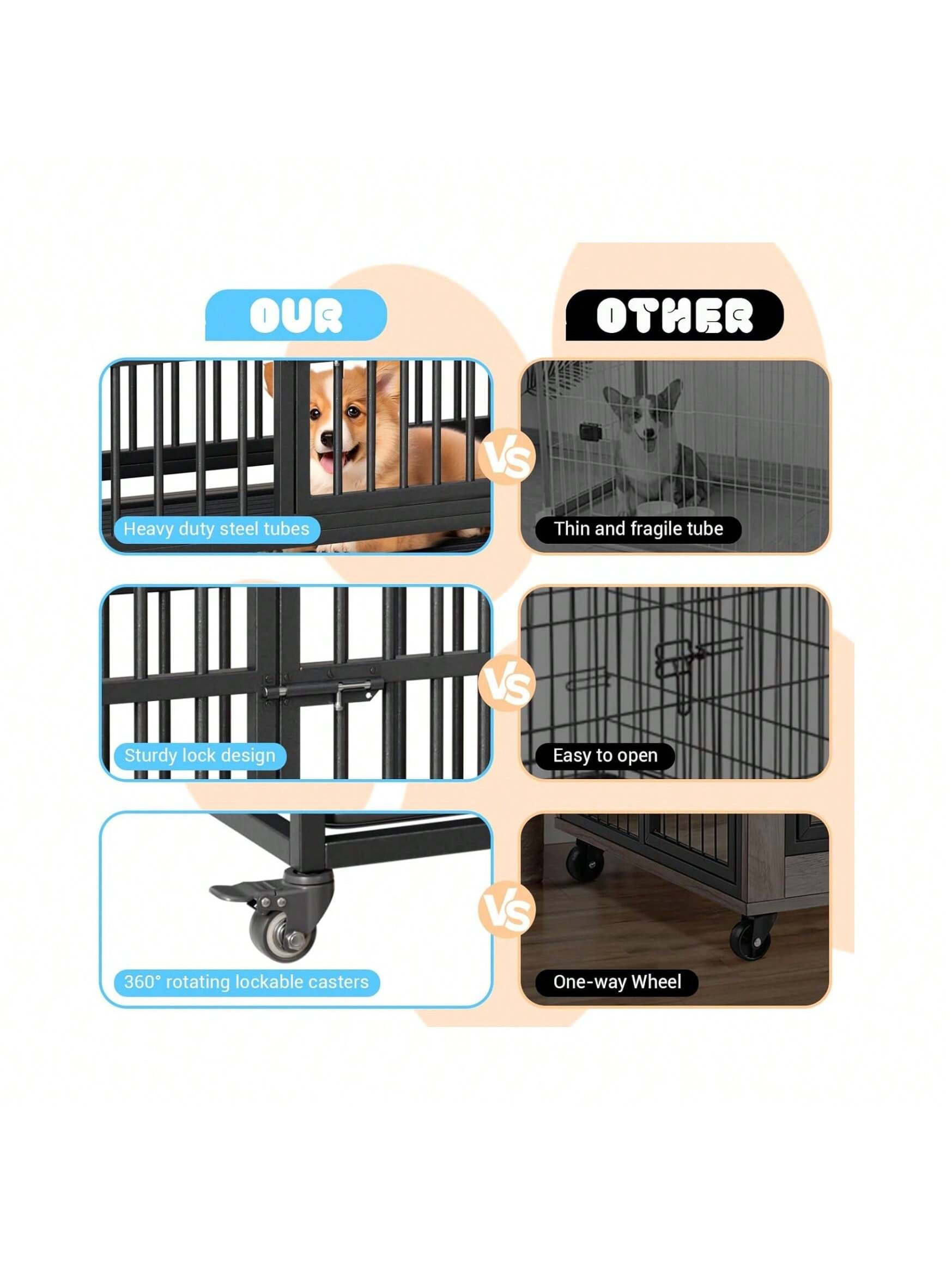 - OUR
  - Heavy duty steel tubes
  - Sturdy lock design
  - 360° rotating lockable casters

- OTHER
  - Thin and fragile tube
  - Easy to open
  - One-way Wheel