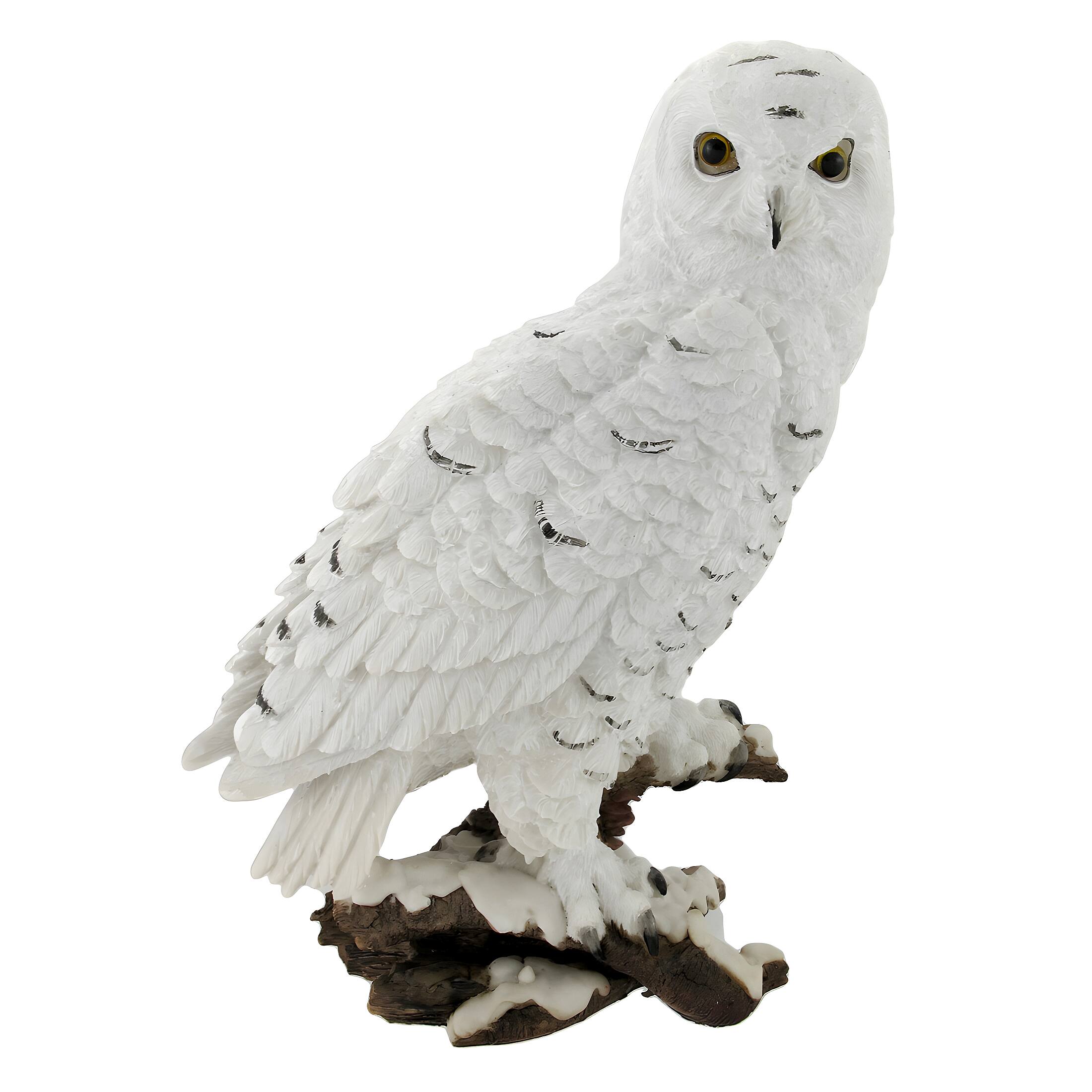 Front. Zeckos - Beautiful Snowy Owl on a Branch Statue - White.