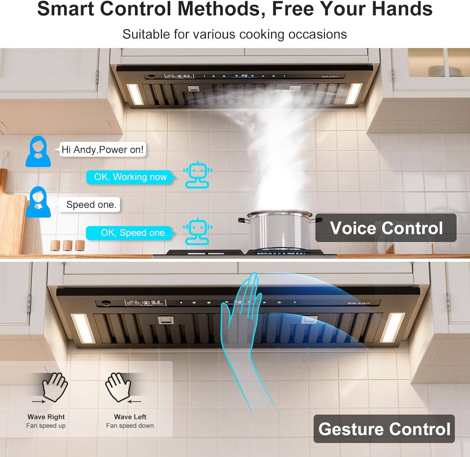 Smart Control Methods, Free Your Hands  
Suitable for various cooking occasions  

Hi Andy, Power on!  
OK, Working now  
Speed one.  
OK, Speed one.  

Voice Control  
Wave Right - Fan speed up  
Wave Left - Fan speed down  

Gesture Control