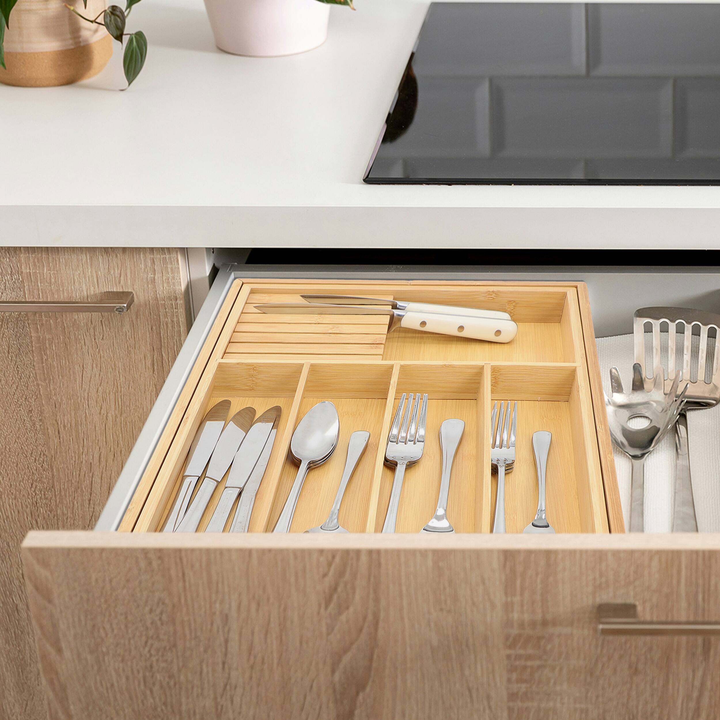 Alt View 2. MegaChef - MegaChef Adjustable Bamboo Drawer Storage and Organization Tray with Removable Knife Block - Brown.