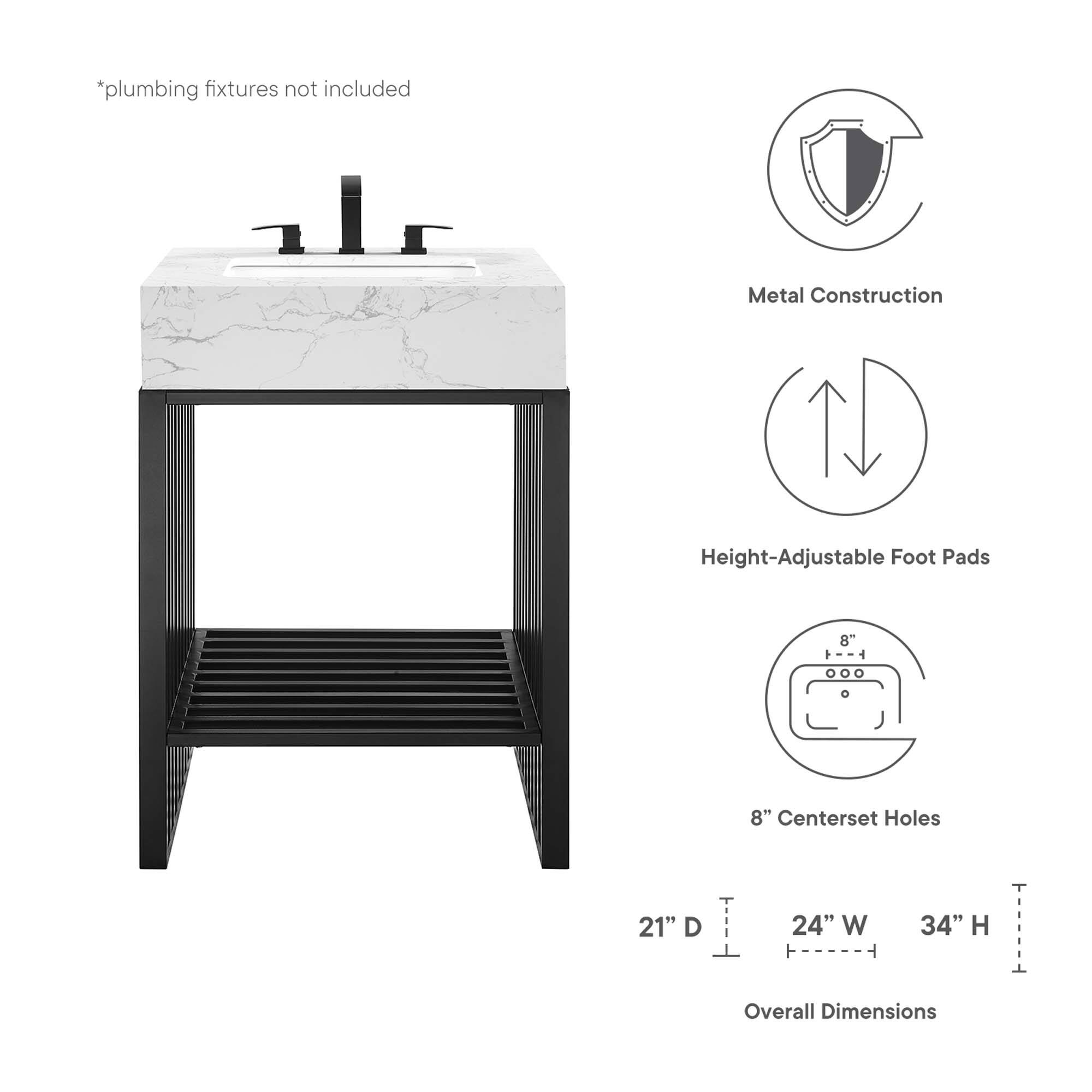 *plumbing fixtures not included  
Metal Construction  
Height-Adjustable Foot Pads  
8" Centerset Holes  
21" D  
24" W  
34" H  
Overall Dimensions