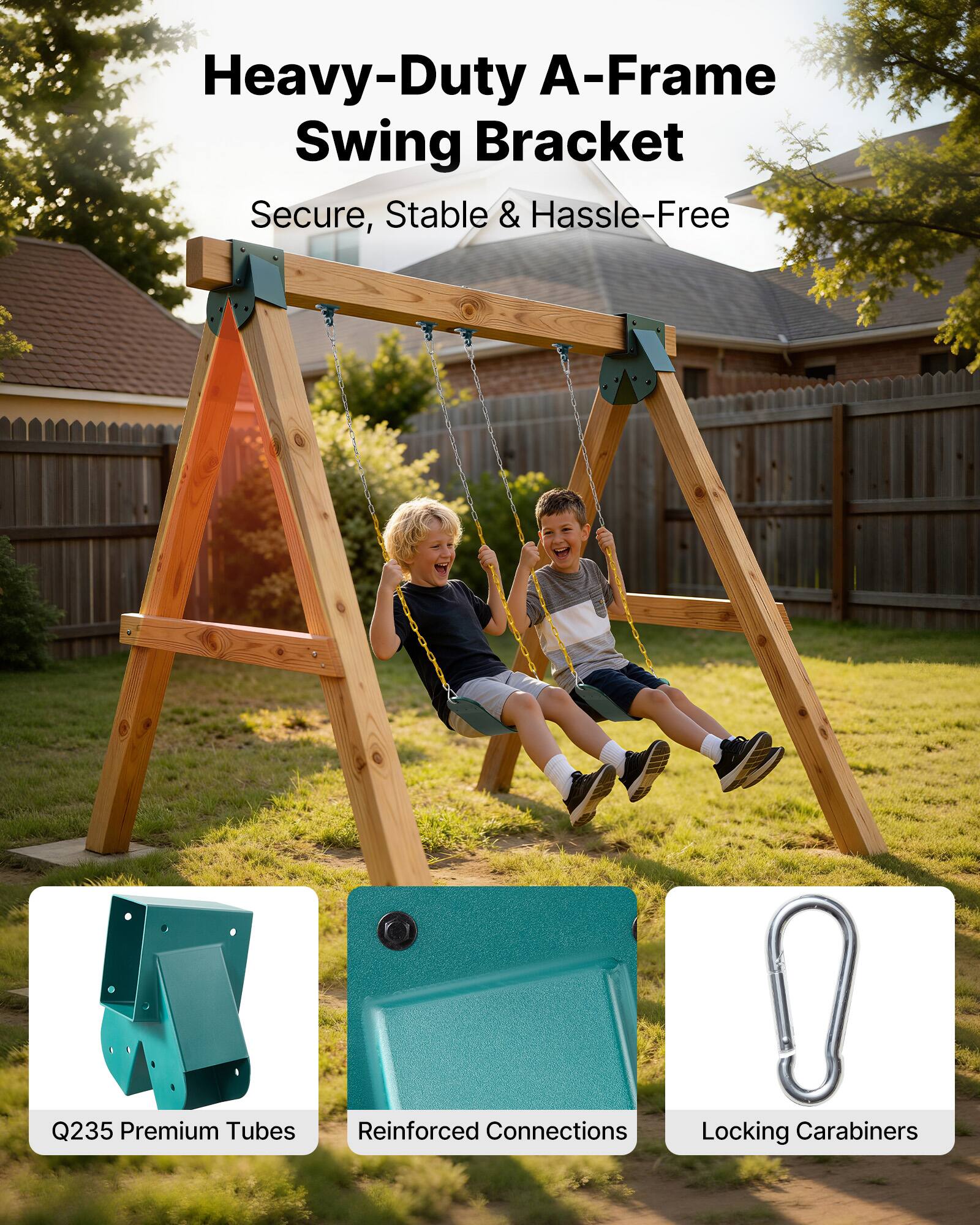 Heavy-Duty A-Frame Swing Bracket  
Secure, Stable & Hassle-Free  

Q235 Premium Tubes  
Reinforced Connections  
Locking Carabiners