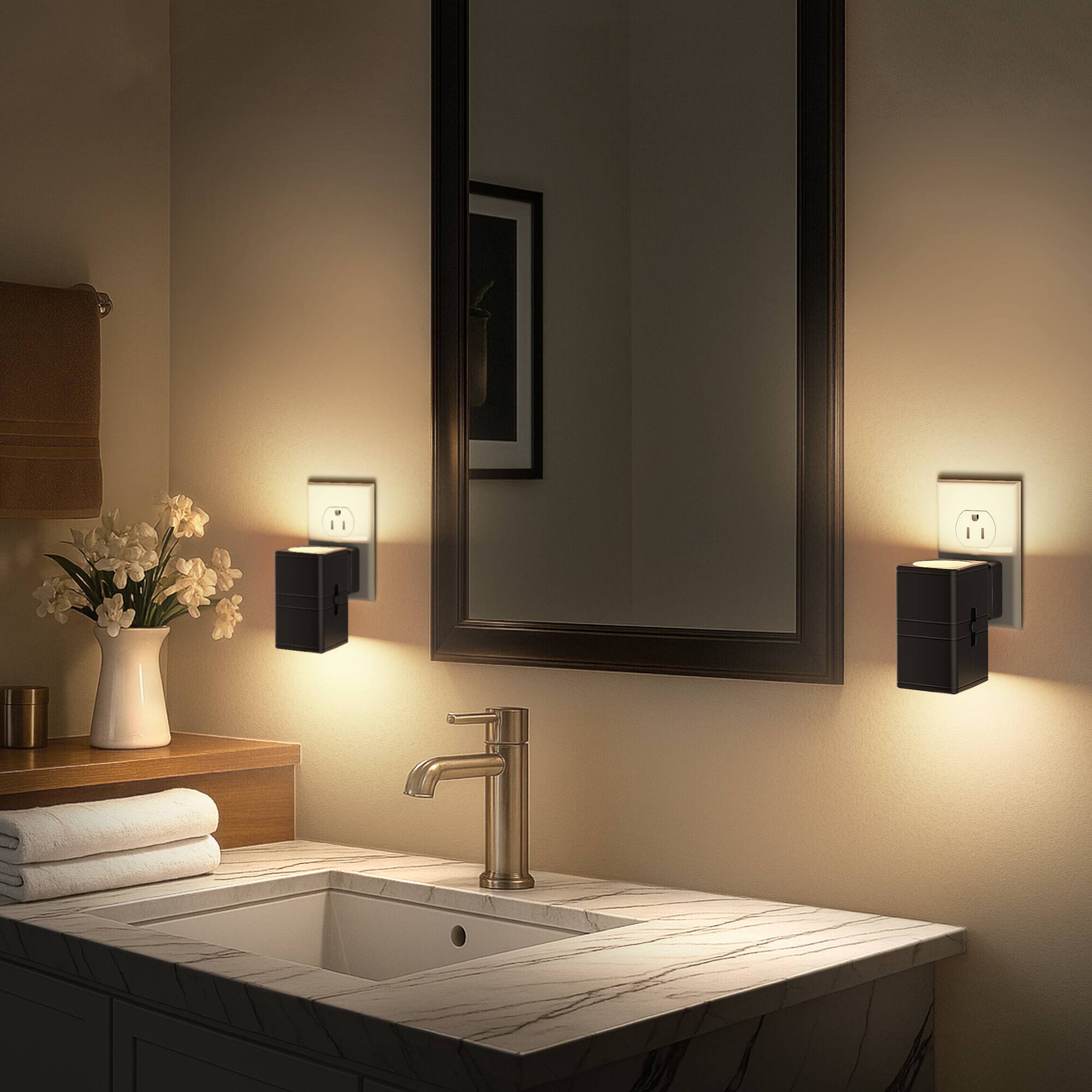 Alt View 4. Jandcase - JANDCASE 2-Pack 1W  Plug-in Night Light, 3000K Warm Glow, Square Cylinder Wall Sconce with Up/Down Light, Slide Dimmer - Black.