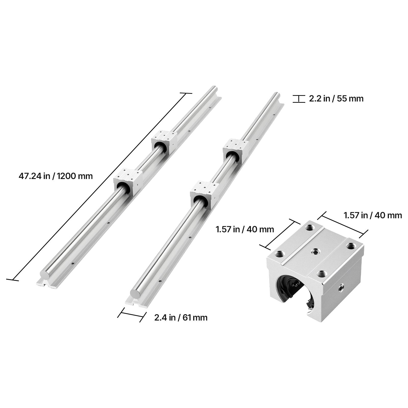 H 2.2 in/55 mm  
47.24 in/1200 mm  
1.57 in/40 mm  
2.4 in/61 mm