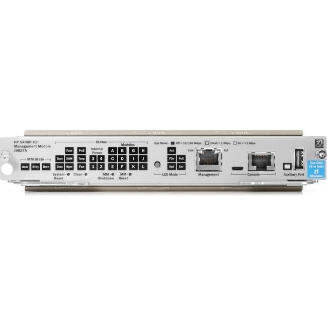 HP 5400R x12 Management Module J9827A

- MM State: Test
- Flash: 1 Gbps
- PoE: Temp
- Internal: 3 4 C D I 1 2 E F
- Modules: A B G H
- System: Clear
- Reset: Status
- Modules: Internal
- Power: 3 4 C D I 1 2 E F
- MM: Shutdown
- MM: Reset
- H L L Spd Mode on
- 30/200 Mis
- Flash 1 Gbps
- Act Link Act
- FOx Pul Sod Uer
- LED Mode
- Management de
- Gbos Console Use
- Daily v2 - later zl
- Auxillary Port Modules

Speed: OFF = 10/100 Mbps, Flash = 1 Gbps, On = 1 Gbps
Act, Fdx, Pwr, Link, Act

LED Mode

Management
Console
Auxiliary Port

V2 or later Modules
