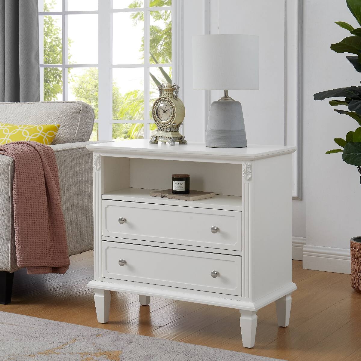 Angle. Loheer - Loheer White Nightstand with Charging Station, Two Drawers and Open Shelf, Solid Wood Legs - White.