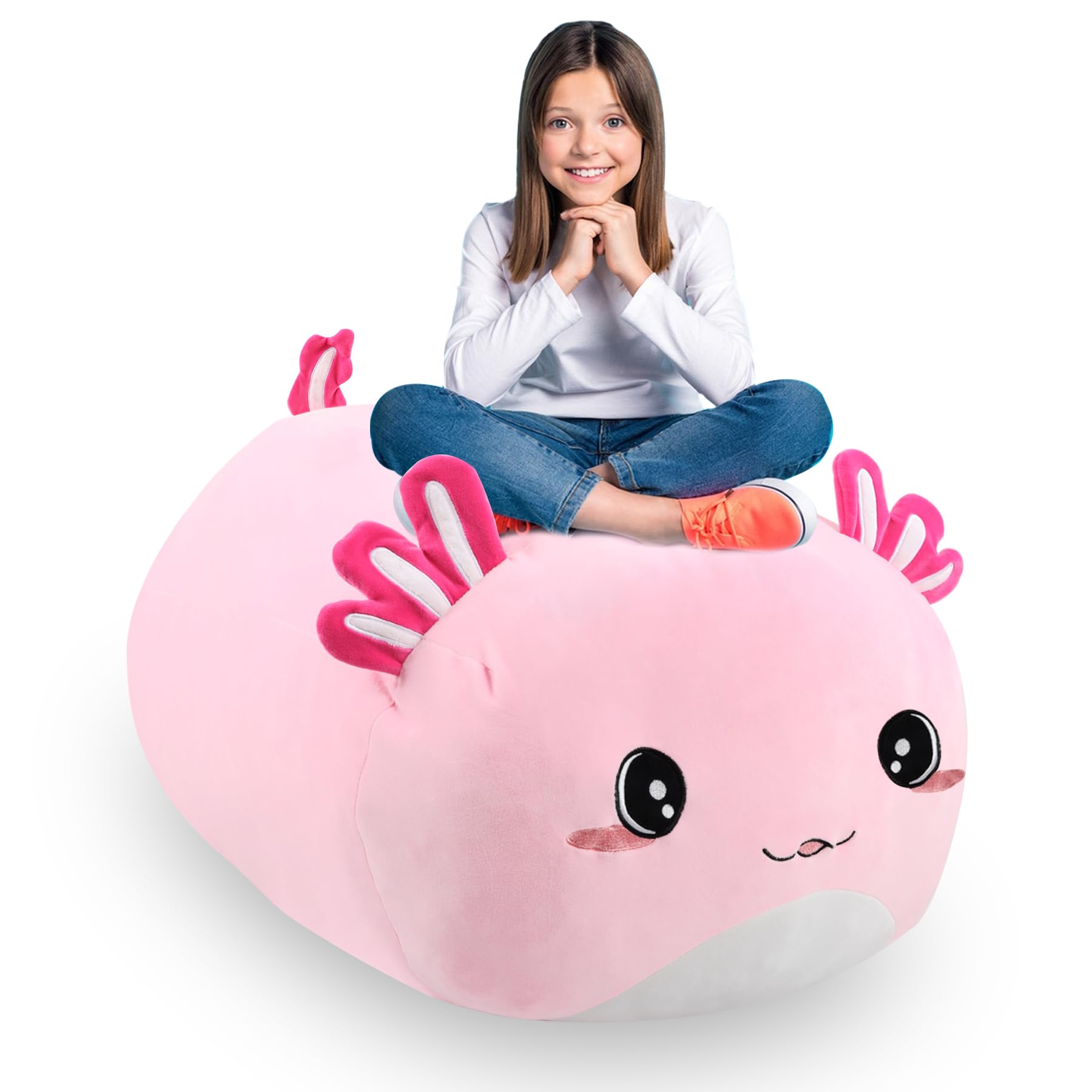 Front. PO3TICJUNKI3 - Stuffed Animal Storage Bean Bag Chair Cover For Cute Cat Large Beanbag Plush Bedroom Decor Organizer No Beans - Pink Axolotl.
