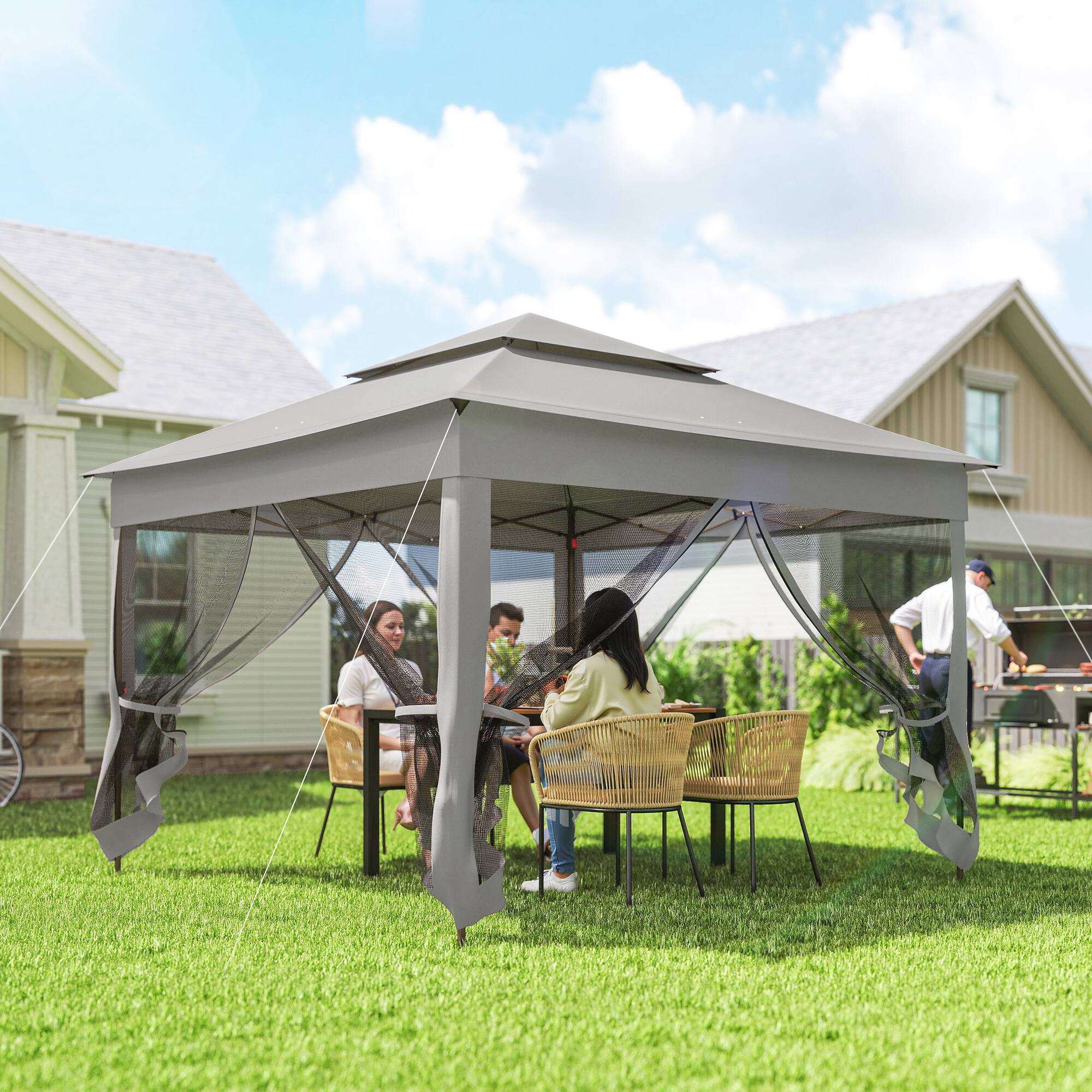 Alt View 1. Outsunny - Outdoor Patio Pop Up Canopy Gazebo Shelter with Zipper Netting, Carry Bag, 11' x 11' - Light Gray.