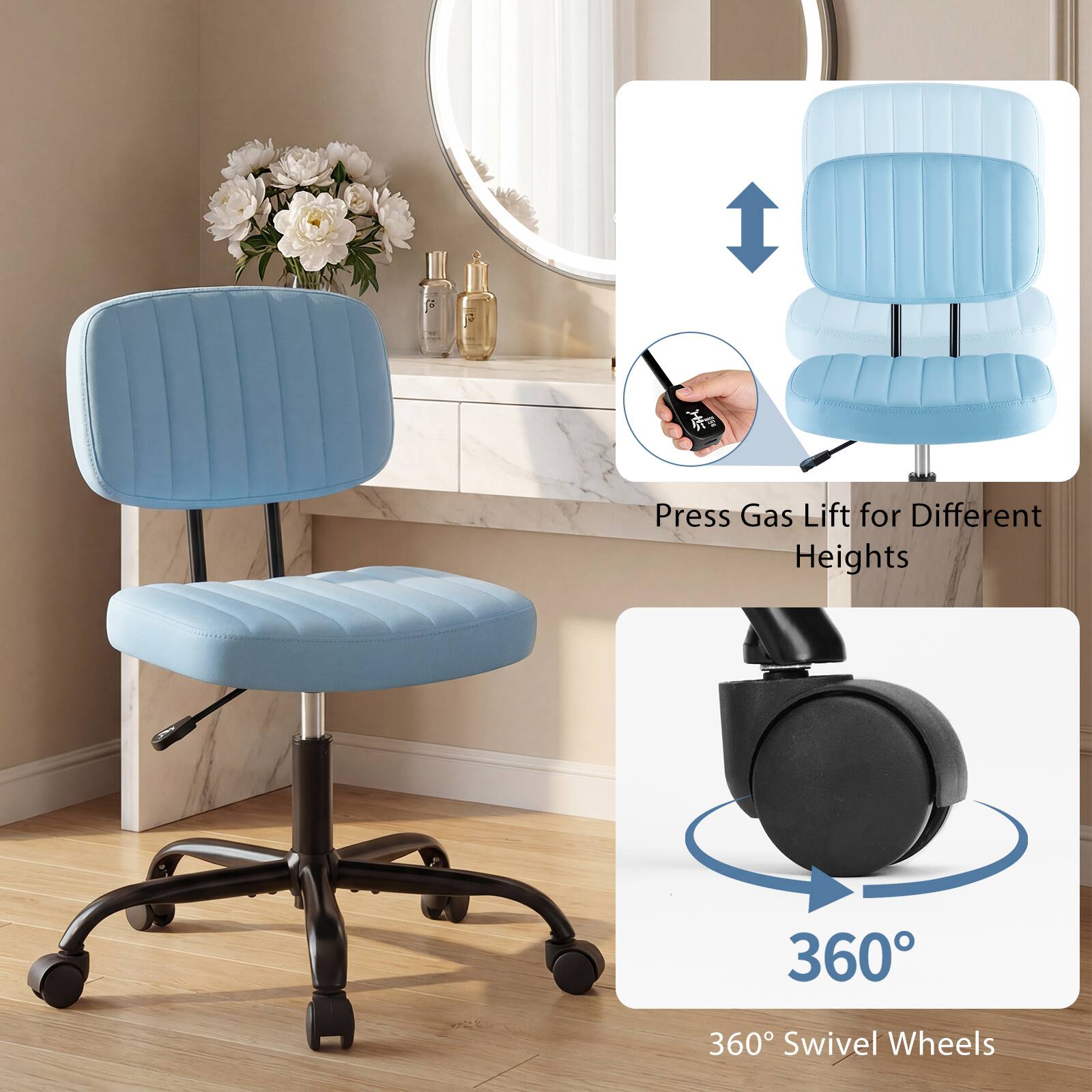 Press Gas Lift for Different Heights

360° Swivel Wheels