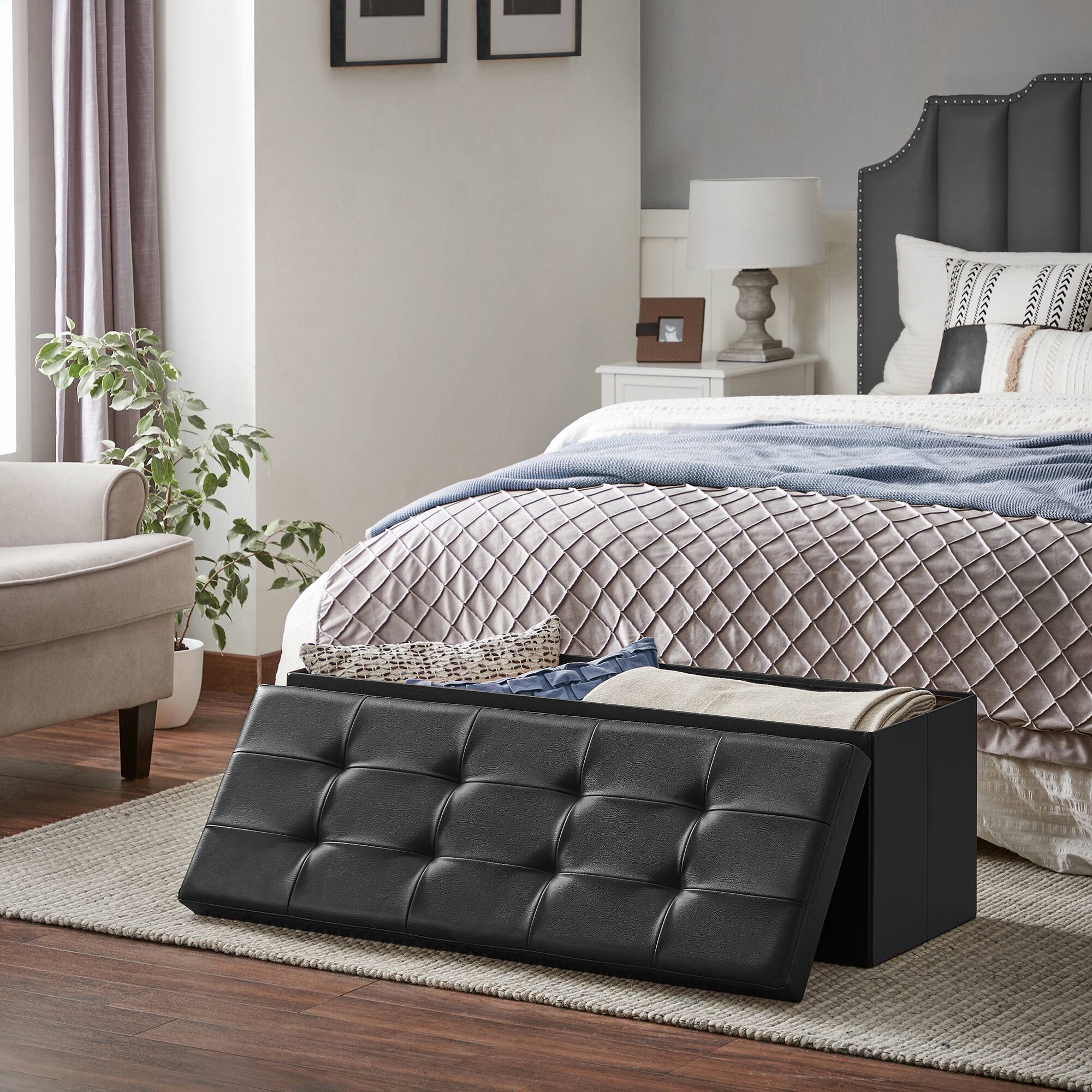 Left. Songmics Home - 43 Inches Folding Storage Ottoman Bench with Flipping Lid, Storage Chest Footrest Padded Seat with Iron Frame Support - Black.